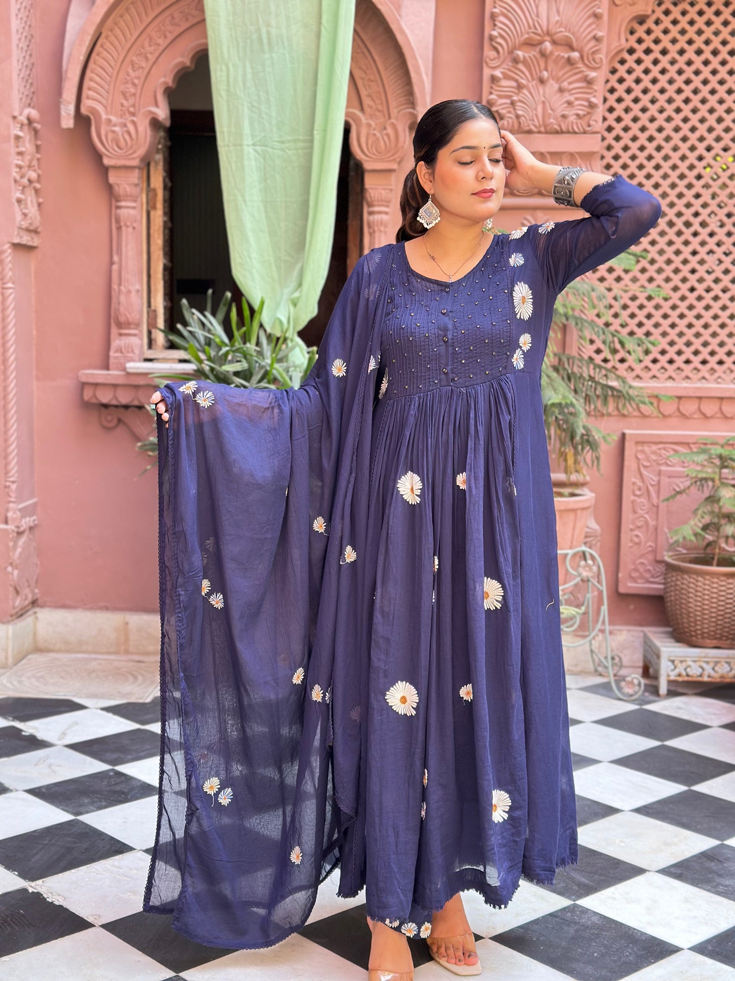Women Embroidered Pure Cotton Kurta Set (RR1001-Blue)