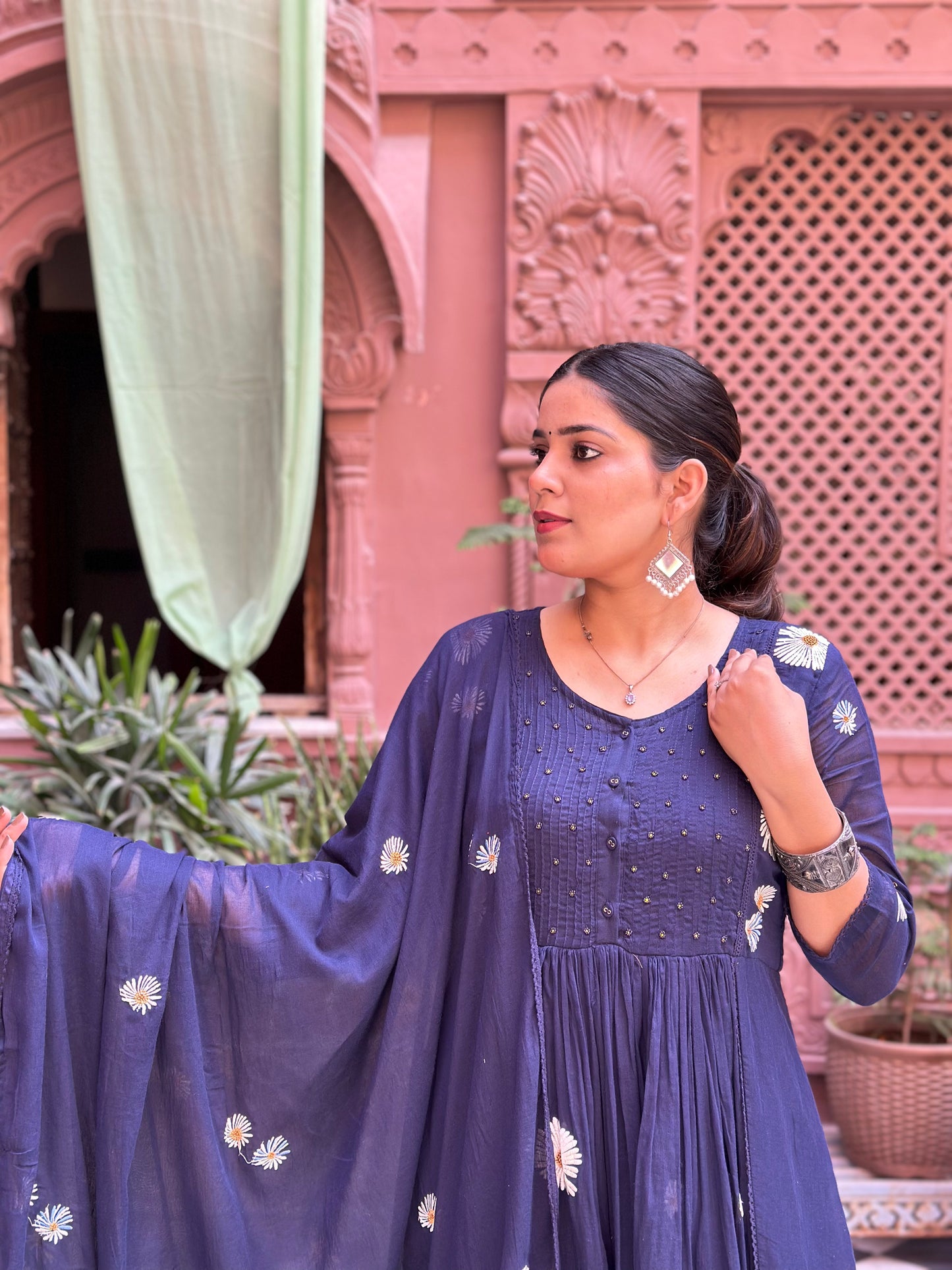 Women Embroidered Pure Cotton Kurta Set (RR1001-Blue)