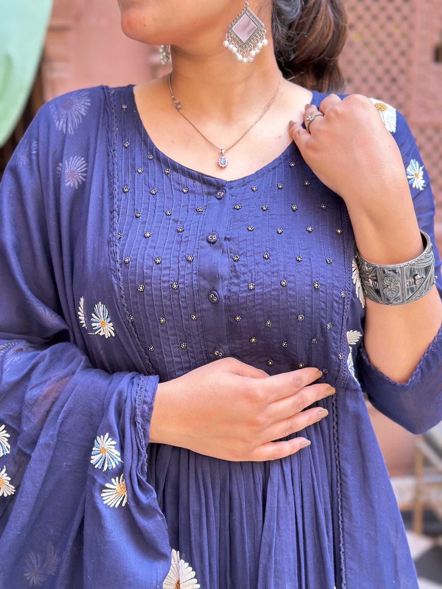 Women Embroidered Pure Cotton Kurta Set (RR1001-Blue)