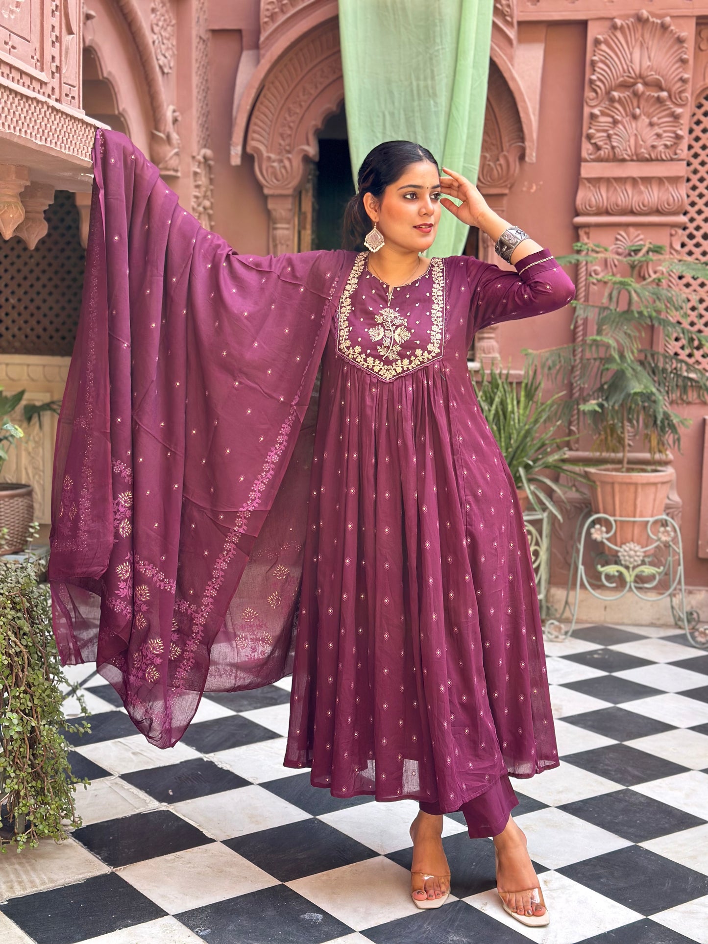 Women Embroidered With Adda Work Pure Cotton Kurta Set (RR1003-Purple)