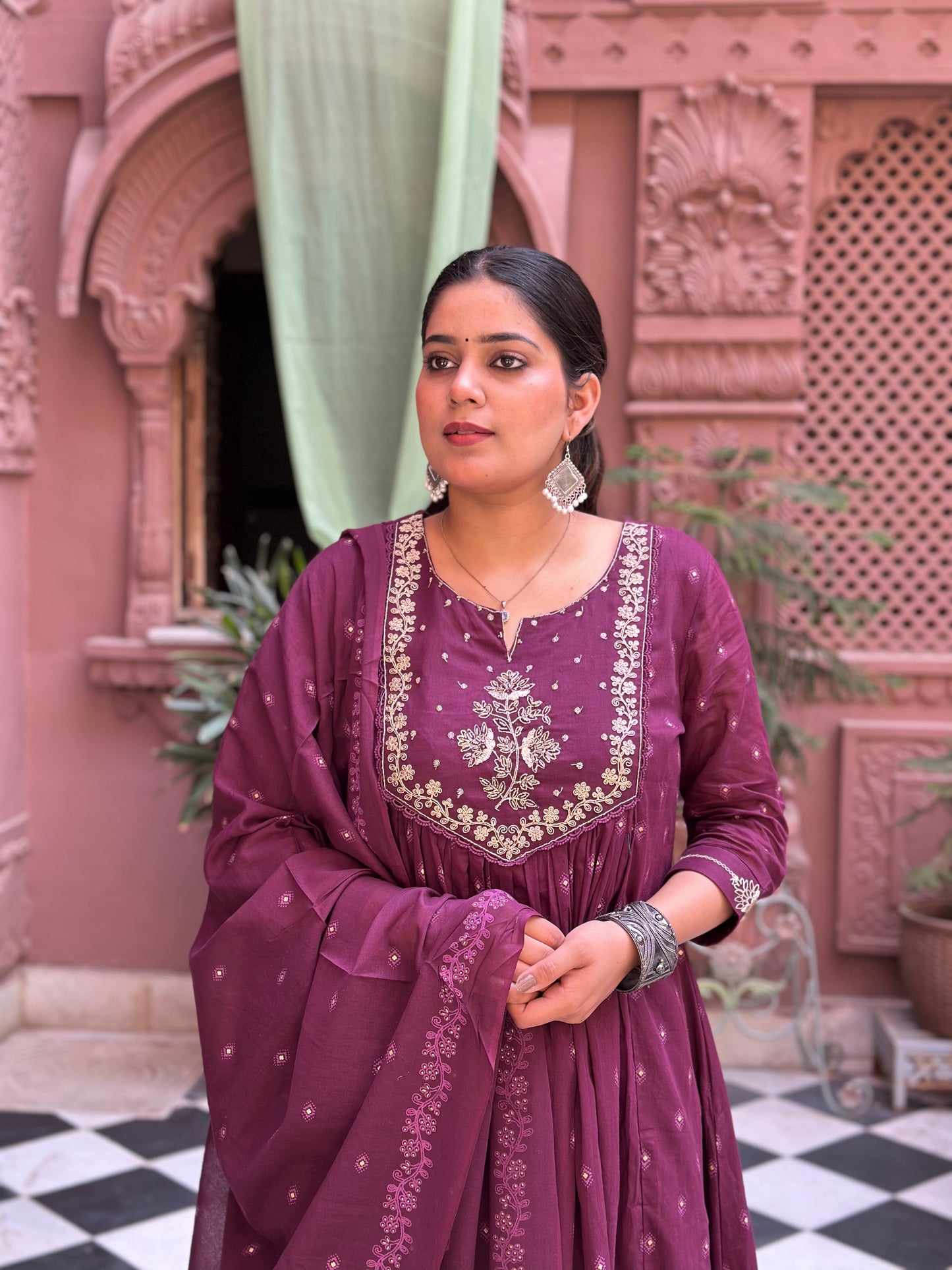 Women Embroidered With Adda Work Pure Cotton Kurta Set (RR1003-Purple)