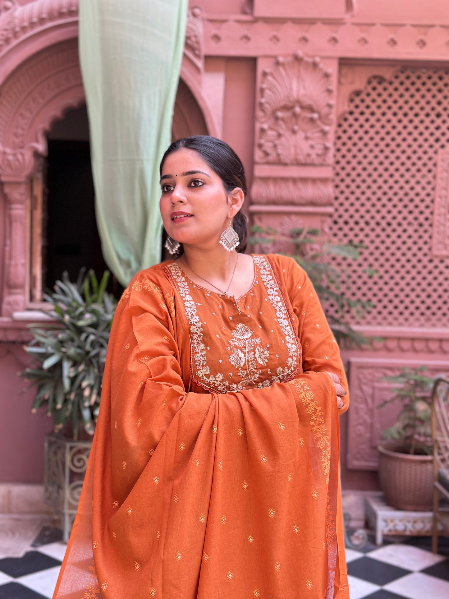 Women Embroidered With Adda Work Pure Cotton Kurta Set (RR1004-Orange)