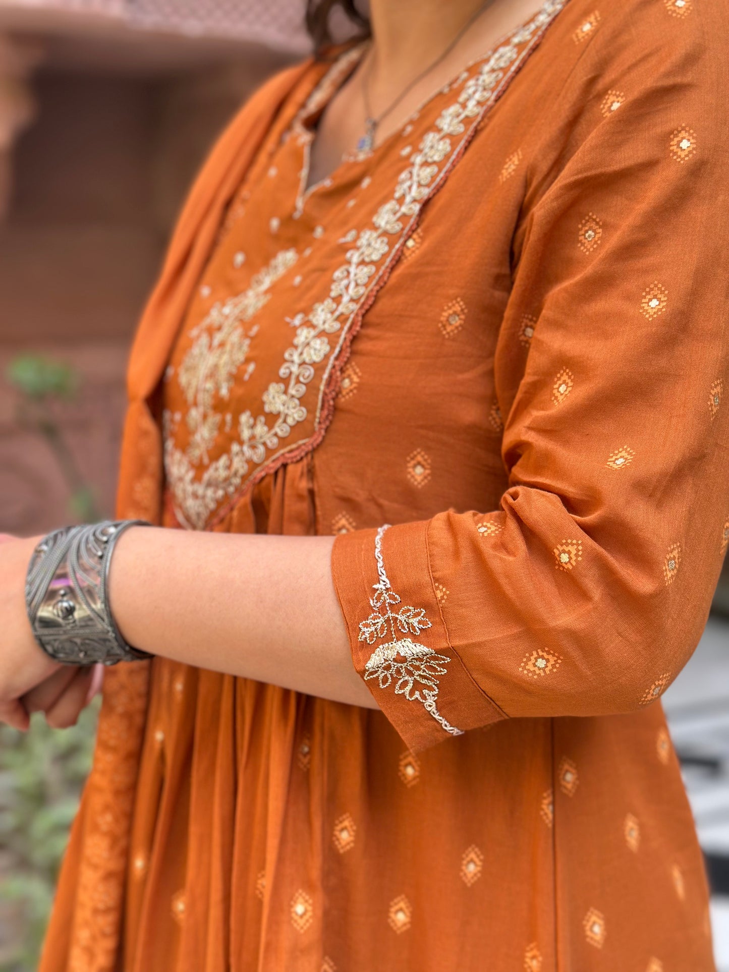 Women Embroidered With Adda Work Pure Cotton Kurta Set (RR1004-Orange)