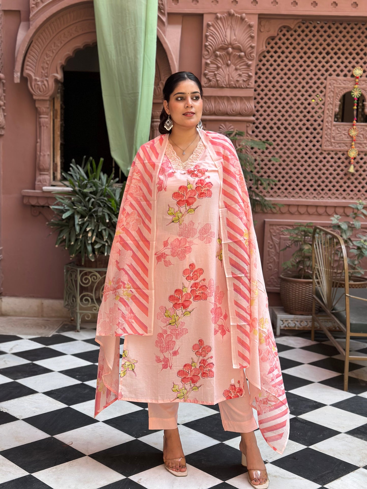 Women's Peach Cotton Straight Kurta Set with Adda Work – Festive Wear (RR1005-Peach)