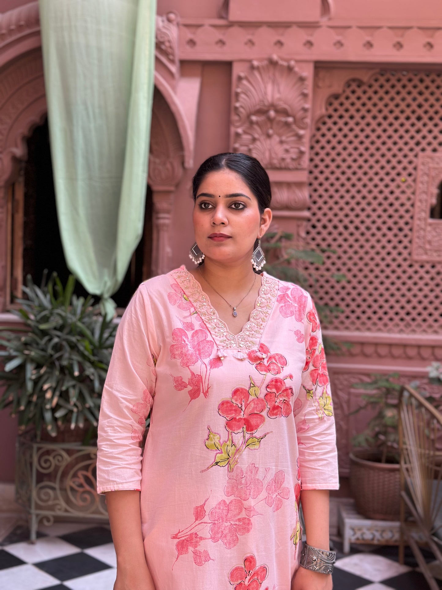 Women's Peach Cotton Straight Kurta Set with Adda Work – Festive Wear (RR1005-Peach)