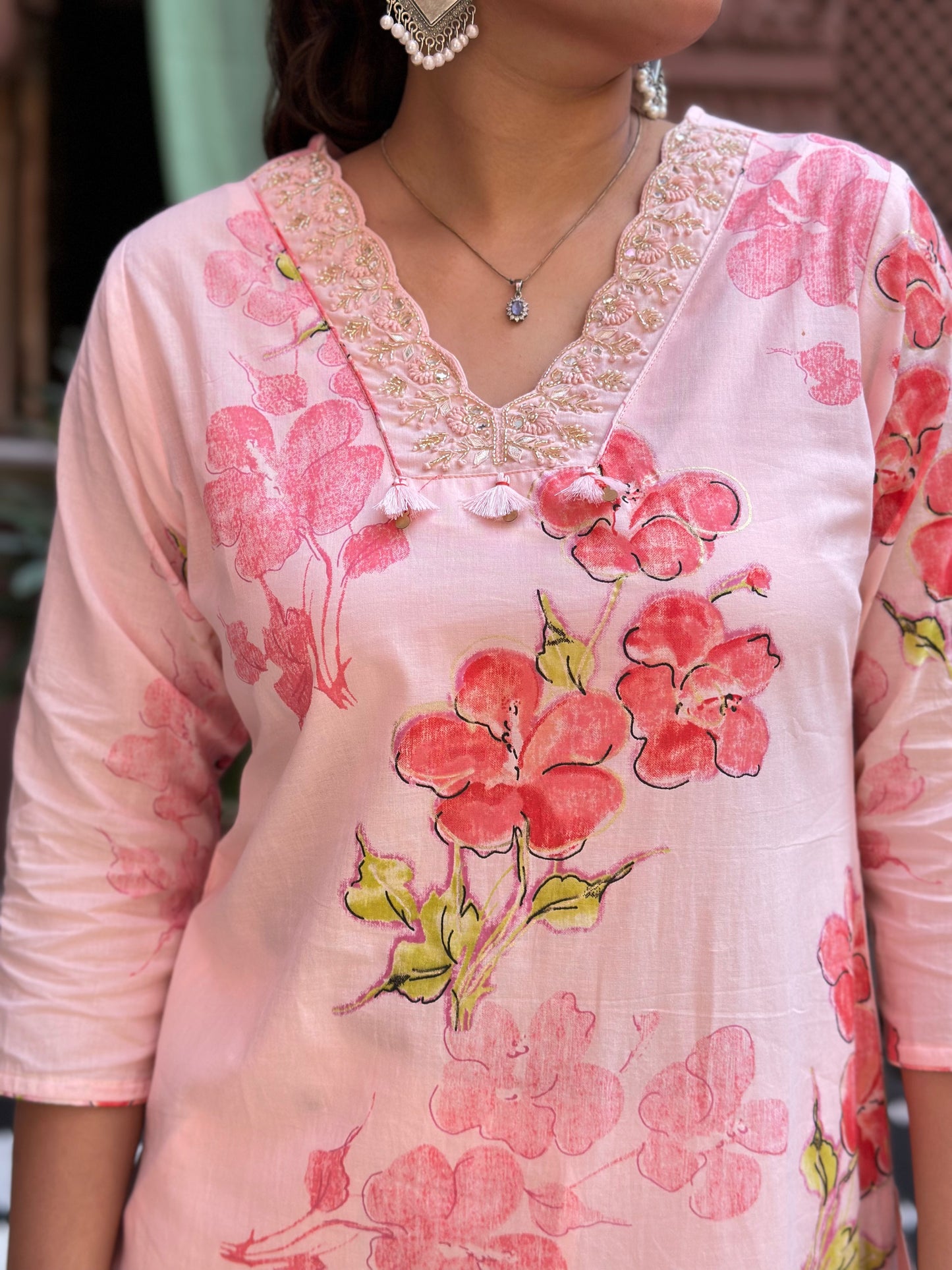 Women's Peach Cotton Straight Kurta Set with Adda Work – Festive Wear (RR1005-Peach)
