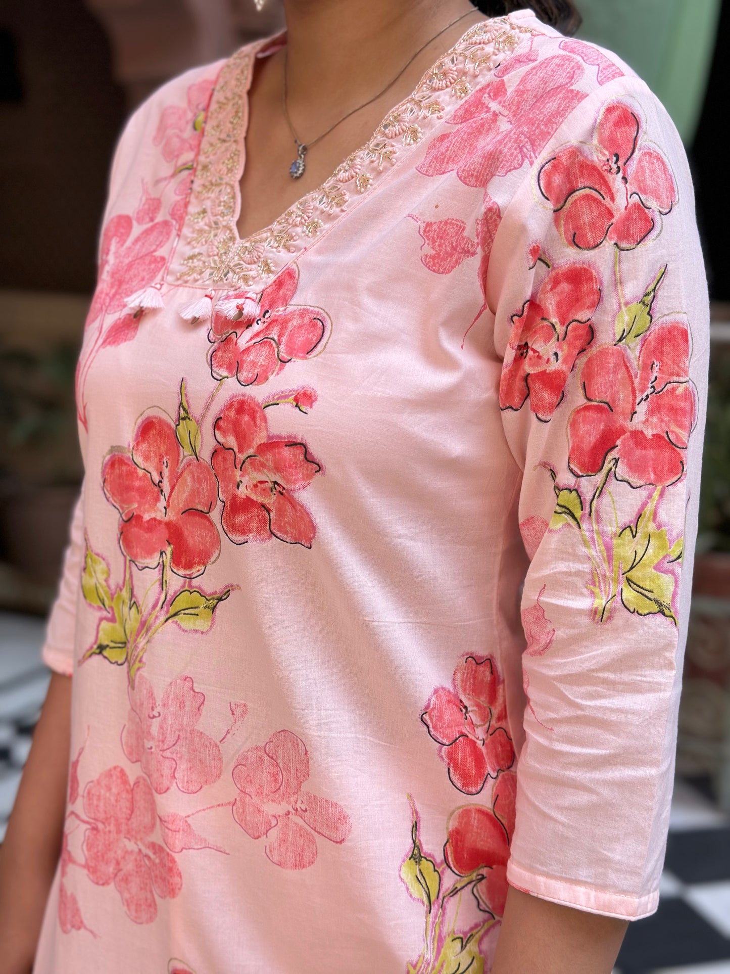 Women's Peach Cotton Straight Kurta Set with Adda Work – Festive Wear (RR1005-Peach)