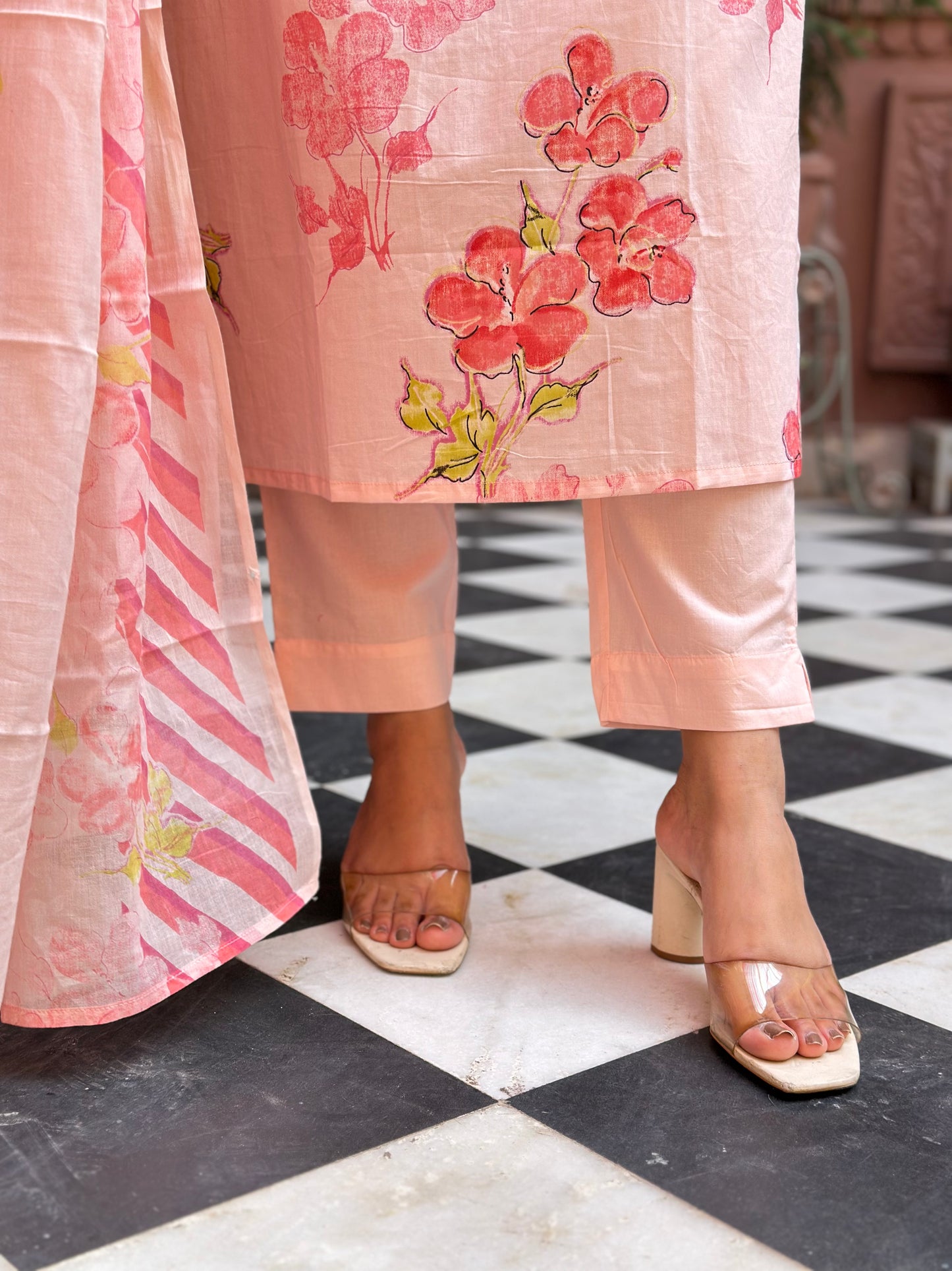 Women's Peach Cotton Straight Kurta Set with Adda Work – Festive Wear (RR1005-Peach)