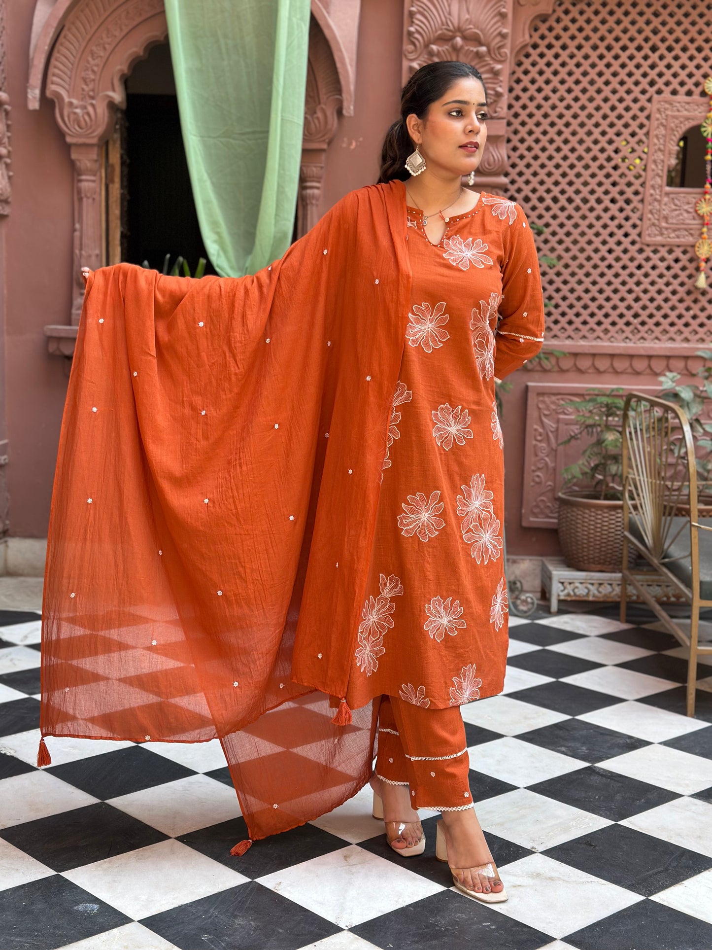 Women's Orange Embroidered Cotton Slub Straight Kurta Set – Festive Wear (RR1006-Orange)