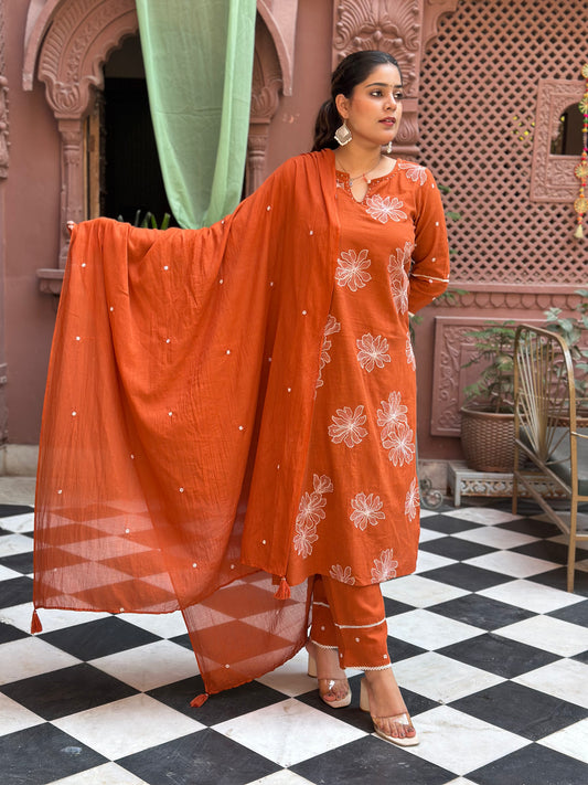 Women's Orange Embroidered Cotton Slub Straight Kurta Set – Festive Wear (RR1006-Orange)
