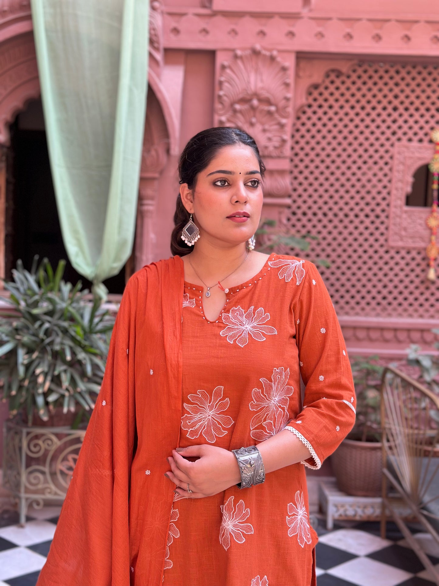 Women's Orange Embroidered Cotton Slub Straight Kurta Set – Festive Wear (RR1006-Orange)