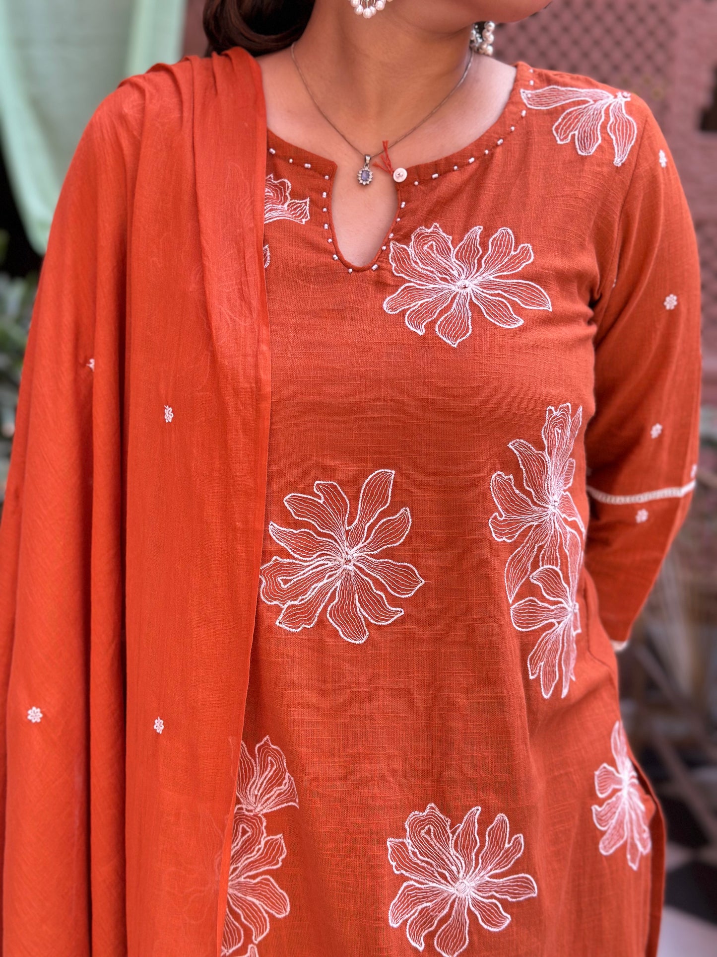 Women's Orange Embroidered Cotton Slub Straight Kurta Set – Festive Wear (RR1006-Orange)