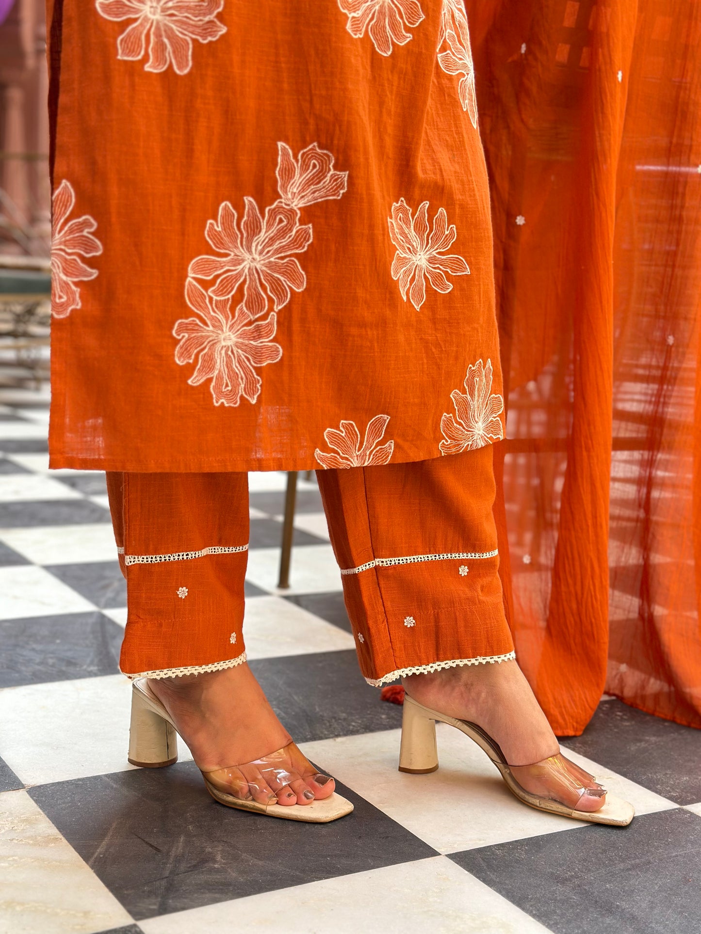Women's Orange Embroidered Cotton Slub Straight Kurta Set – Festive Wear (RR1006-Orange)
