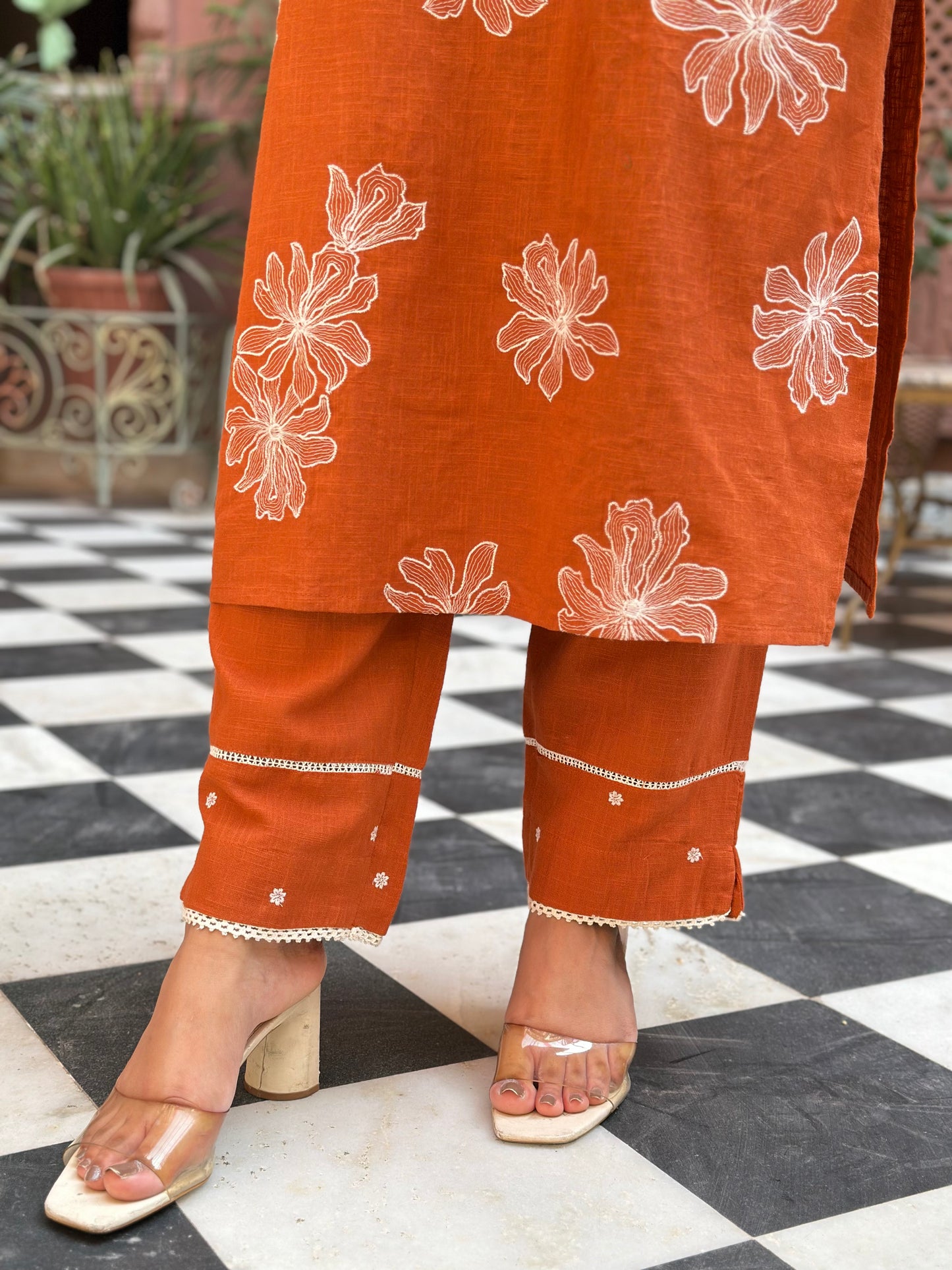 Women's Orange Embroidered Cotton Slub Straight Kurta Set – Festive Wear (RR1006-Orange)