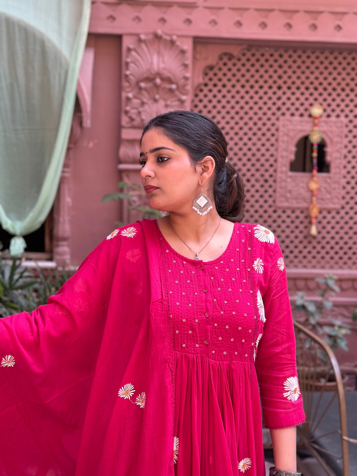 Women Embroidered Pure Cotton Kurta Set (RR1007-Pink)