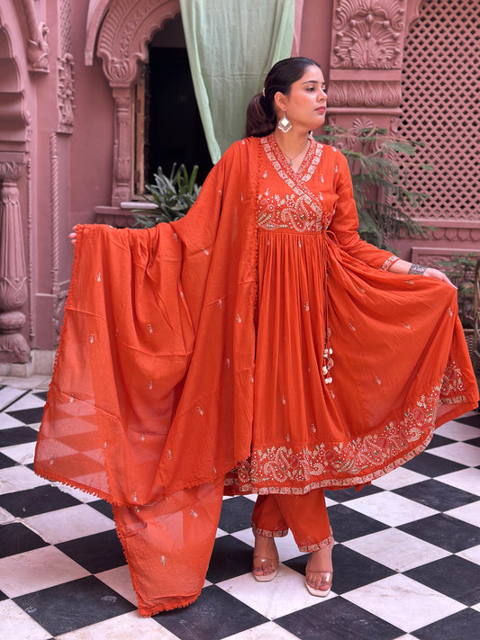Women's Orange Embroidered Cotton Anarkali Kurta Set – Festive Wear (RR1008-Orange)