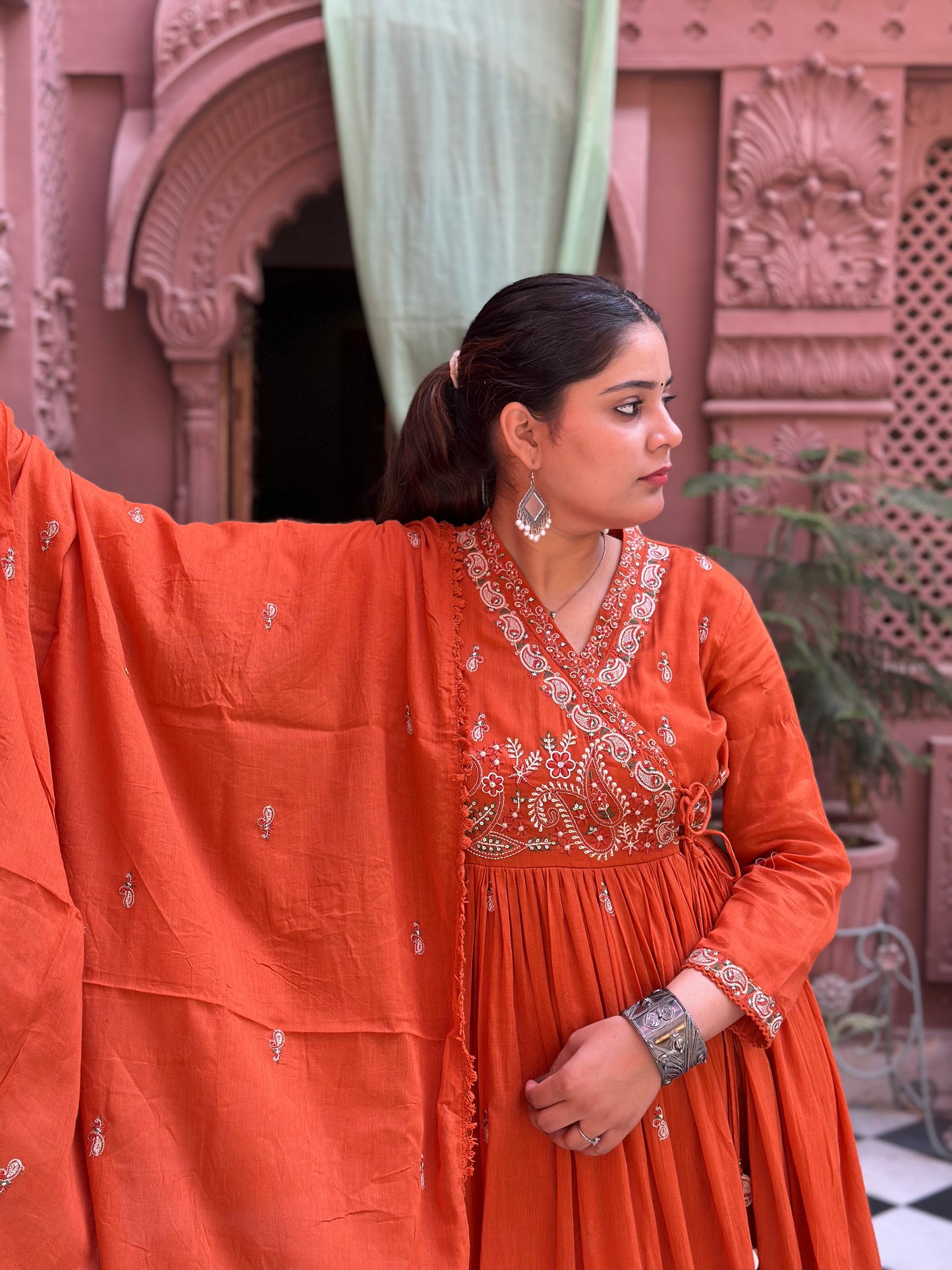Women's Orange Embroidered Cotton Anarkali Kurta Set – Festive Wear (RR1008-Orange)