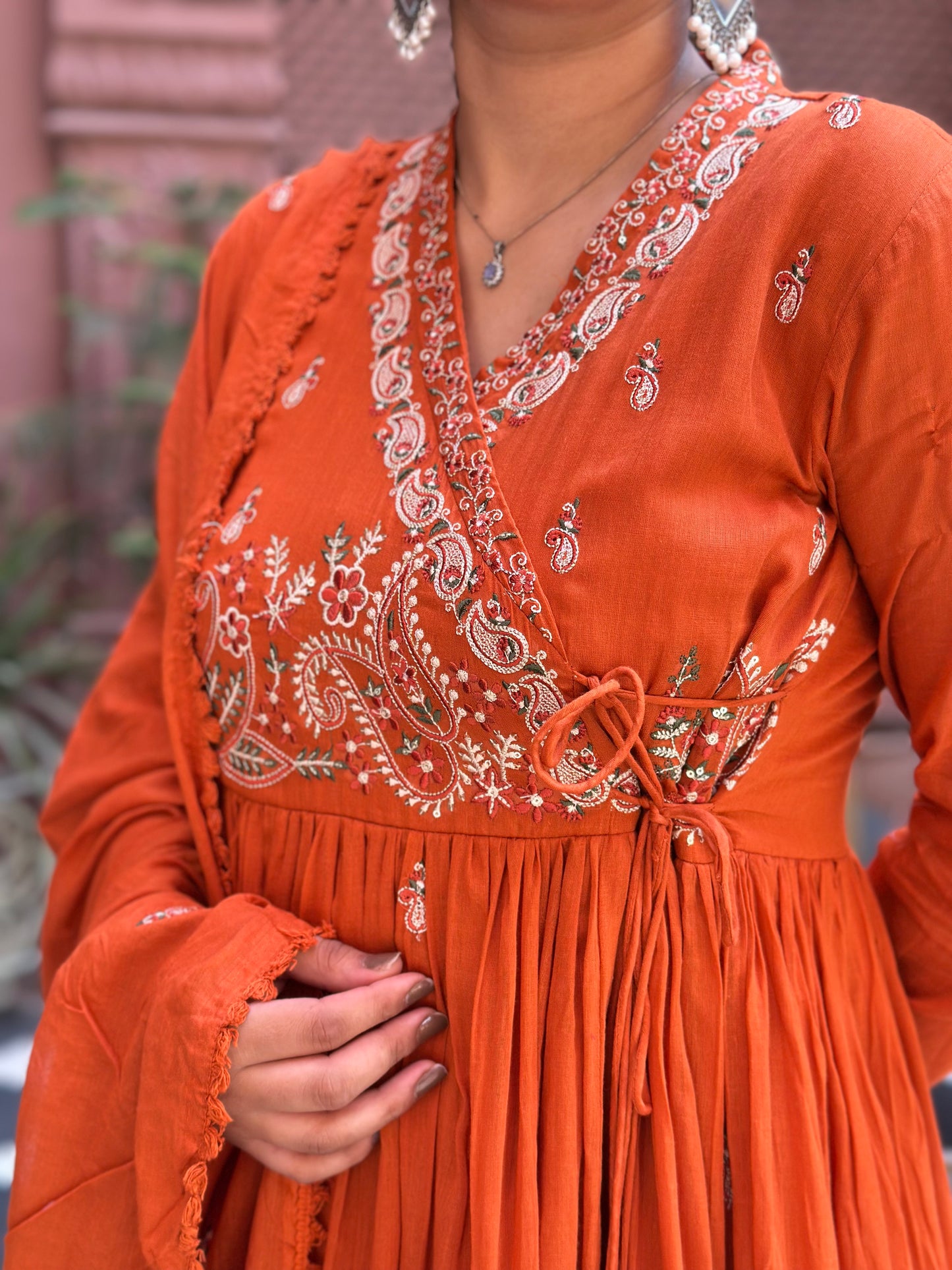 Women's Orange Embroidered Cotton Anarkali Kurta Set – Festive Wear (RR1008-Orange)
