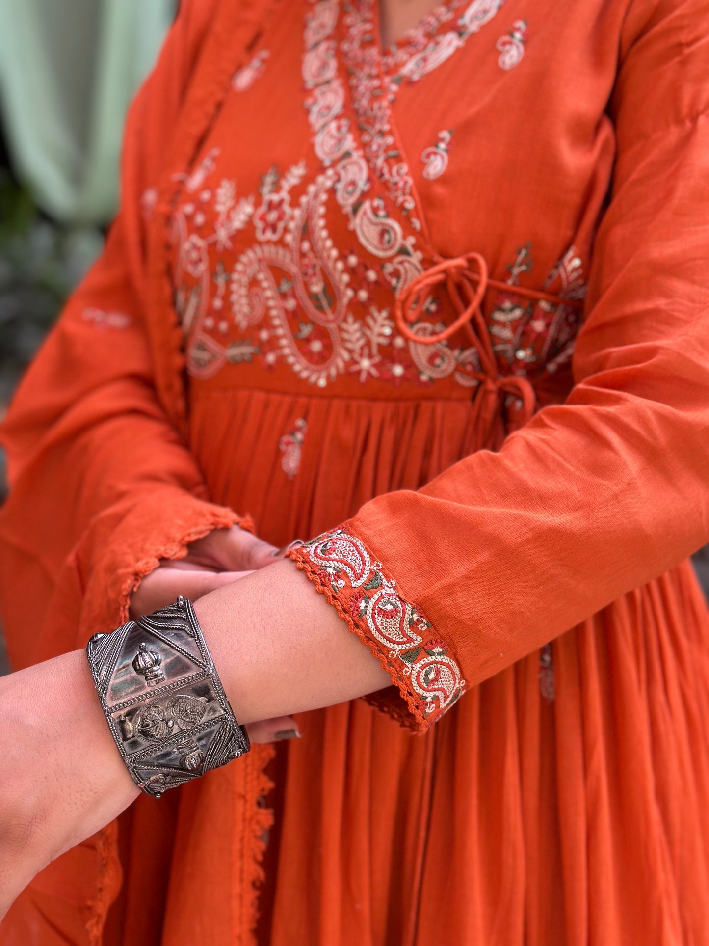 Women's Orange Embroidered Cotton Anarkali Kurta Set – Festive Wear (RR1008-Orange)