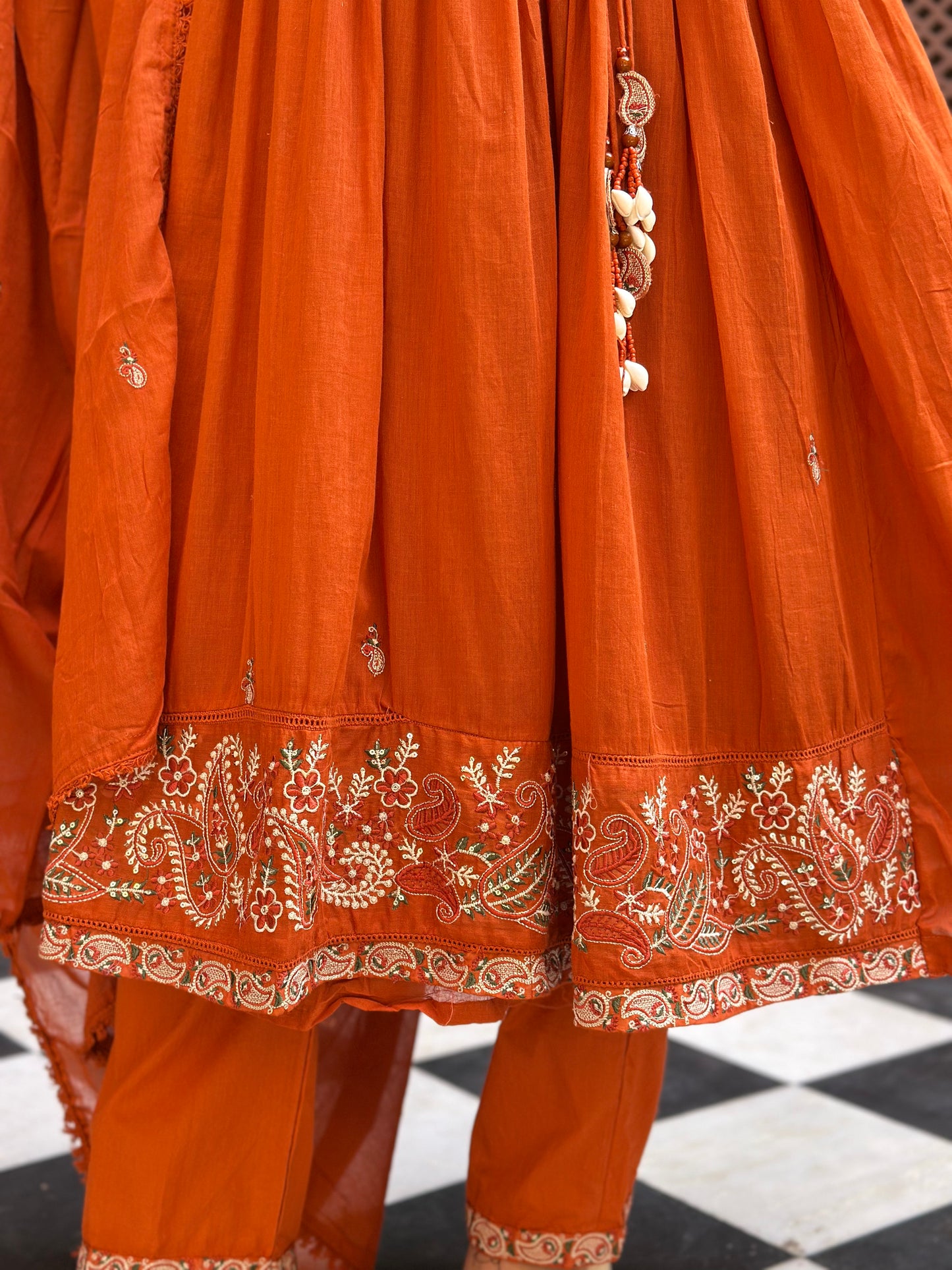 Women's Orange Embroidered Cotton Anarkali Kurta Set – Festive Wear (RR1008-Orange)
