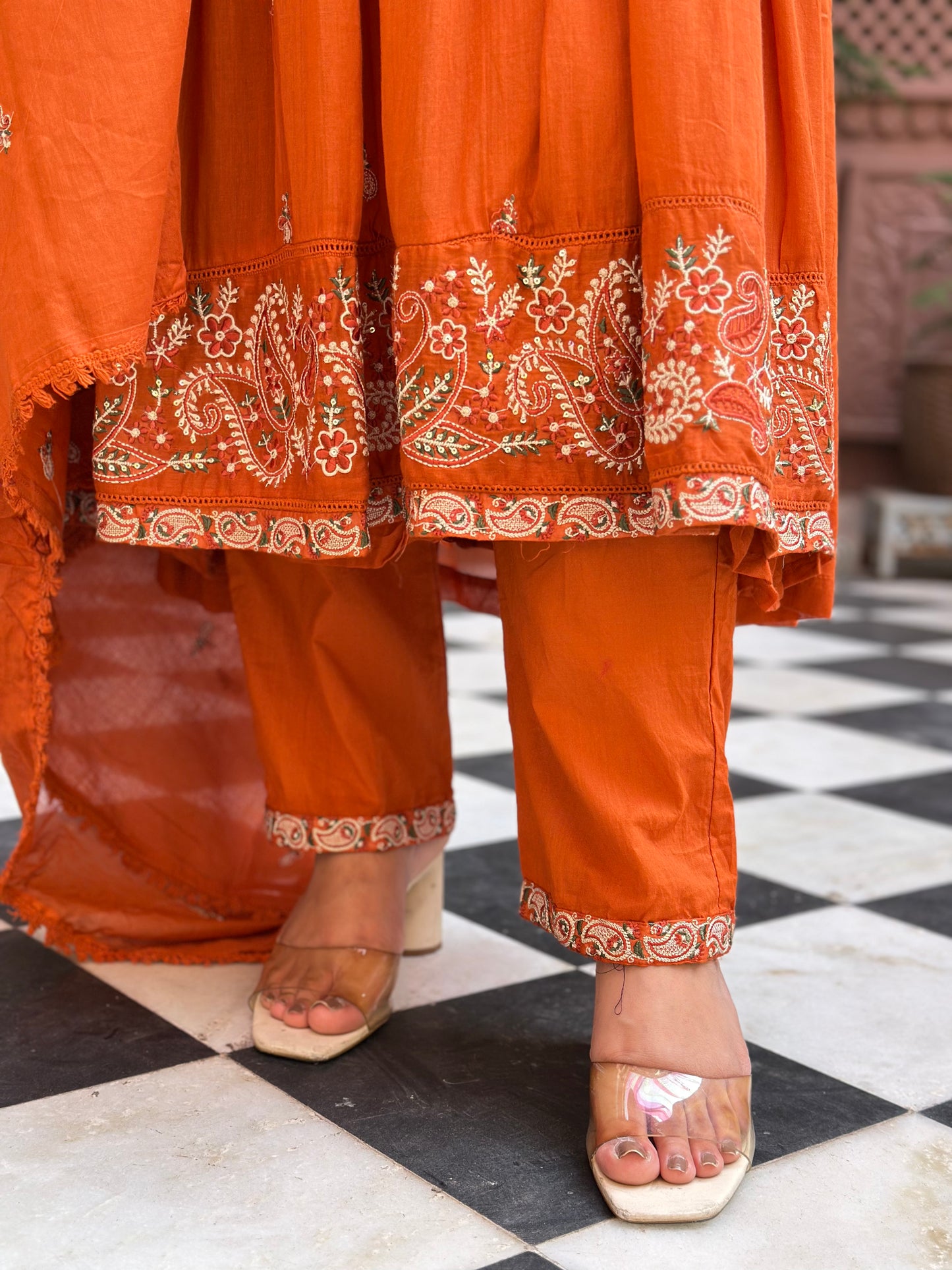 Women's Orange Embroidered Cotton Anarkali Kurta Set – Festive Wear (RR1008-Orange)