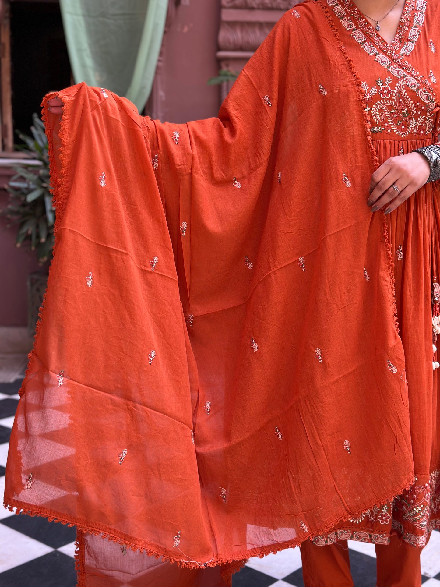 Women's Orange Embroidered Cotton Anarkali Kurta Set – Festive Wear (RR1008-Orange)