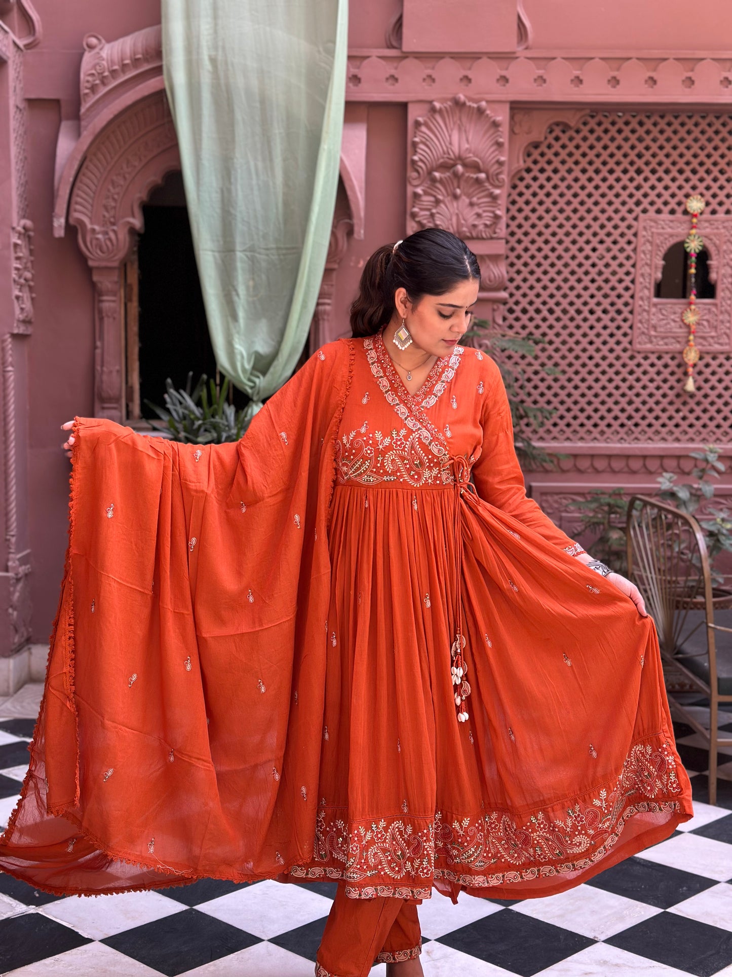 Women's Orange Embroidered Cotton Anarkali Kurta Set – Festive Wear (RR1008-Orange)