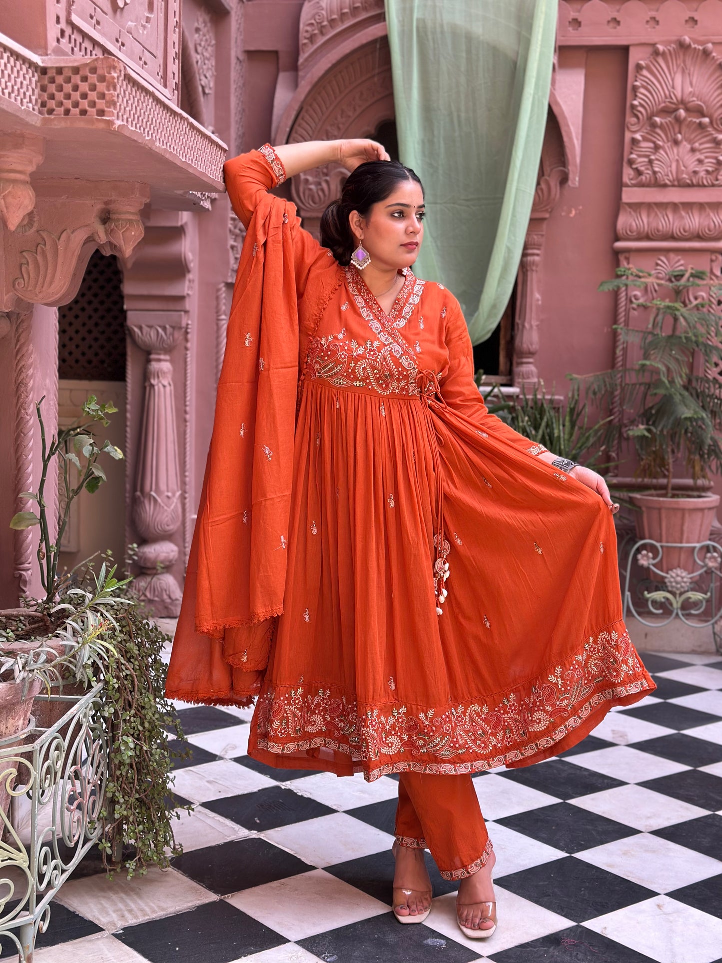 Women's Orange Embroidered Cotton Anarkali Kurta Set – Festive Wear (RR1008-Orange)