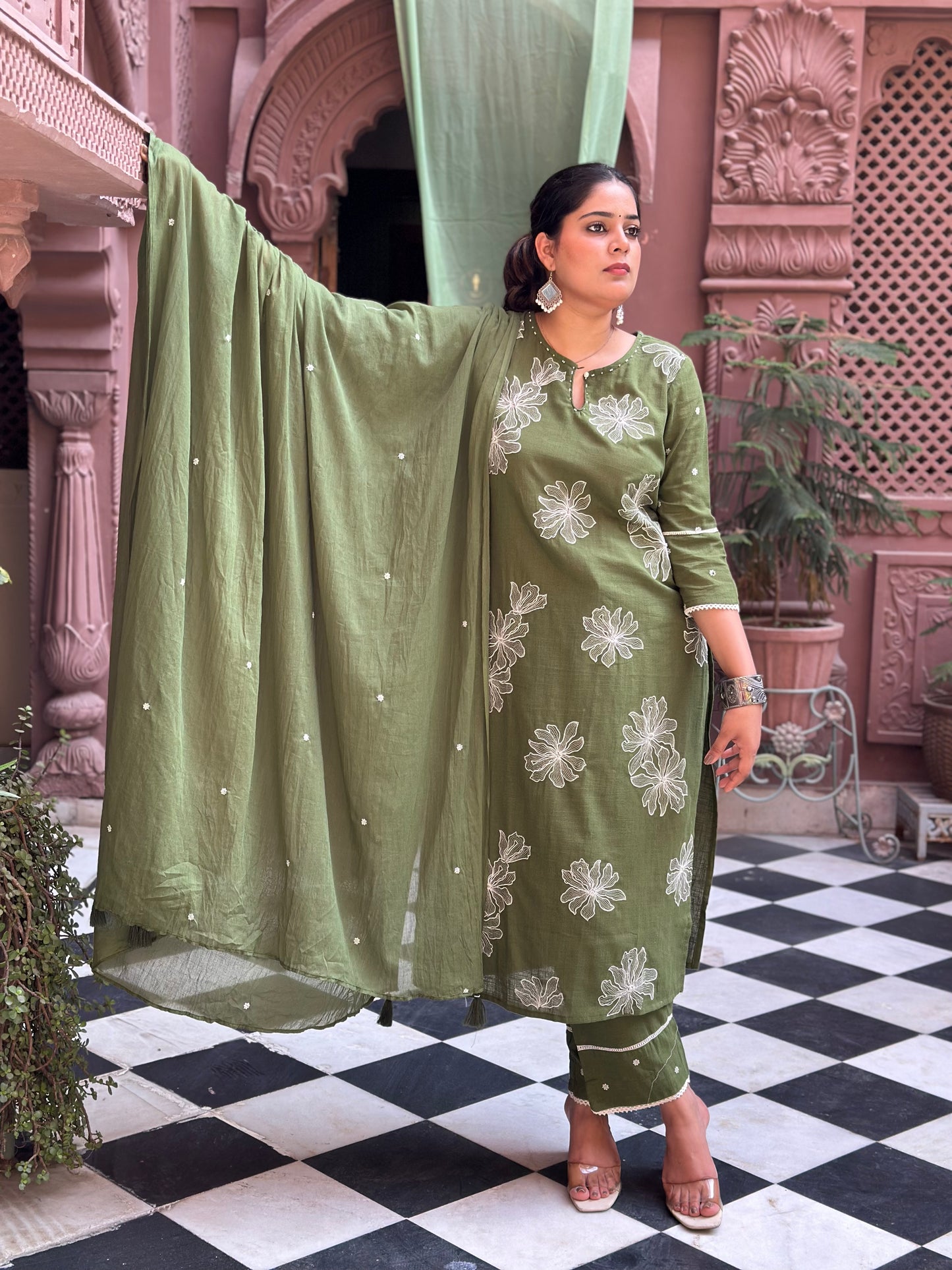 Women's Green Embroidered Cotton Slub Straight Kurta Set – Festive Wear (RR1009-Green)