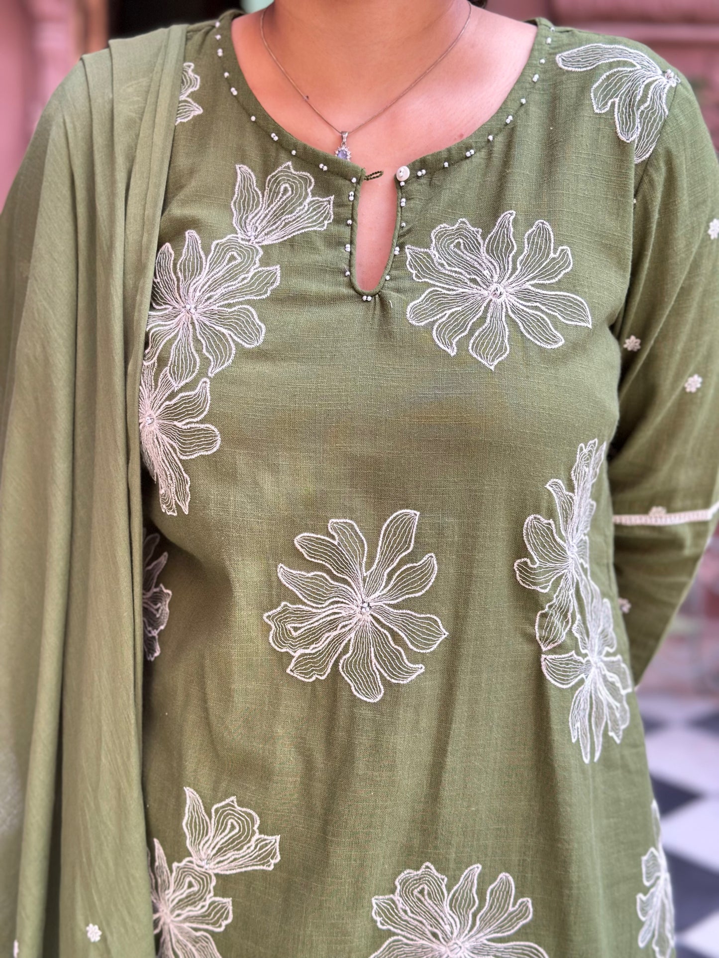 Women's Green Embroidered Cotton Slub Straight Kurta Set – Festive Wear (RR1009-Green)
