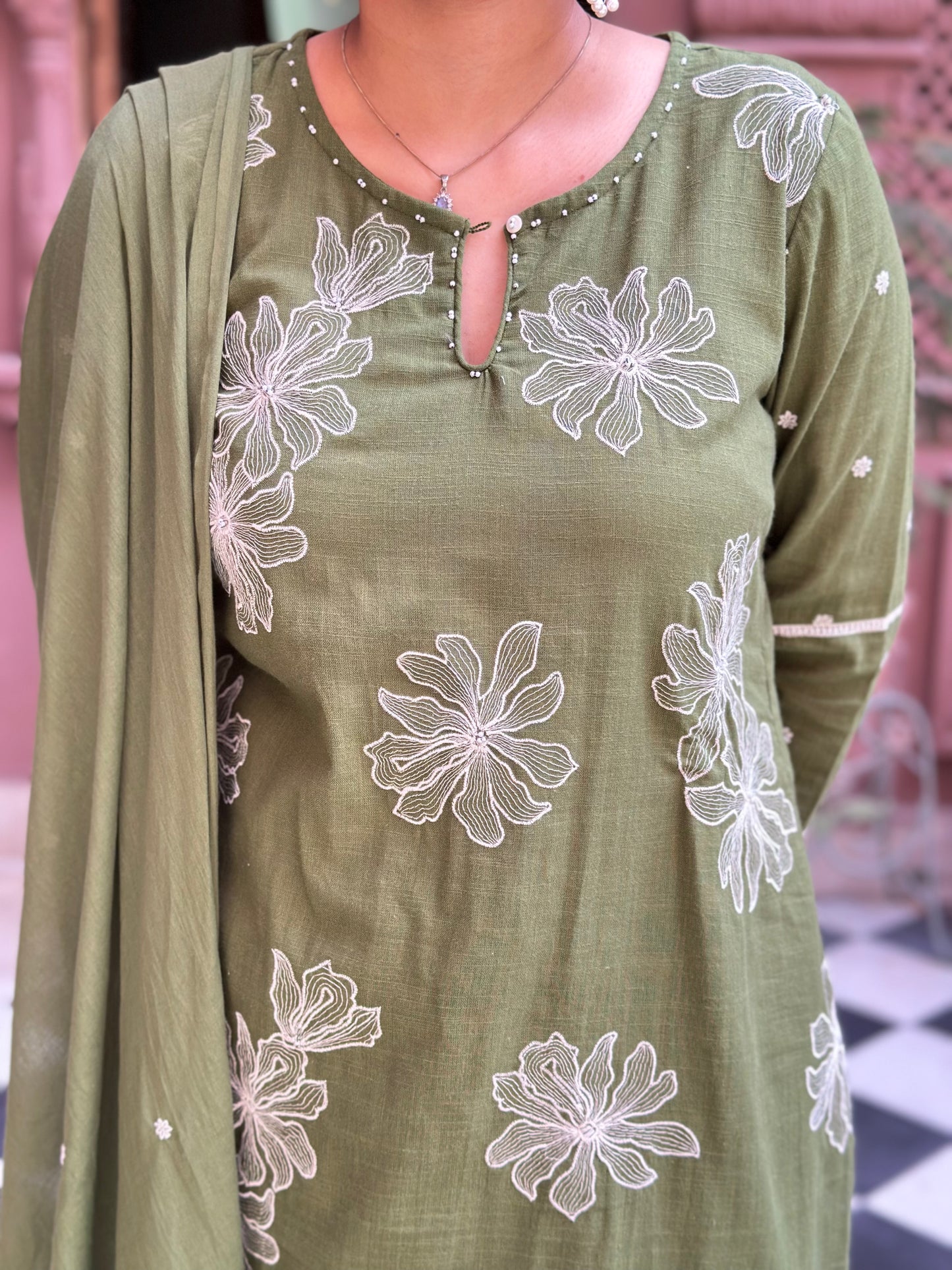 Women's Green Embroidered Cotton Slub Straight Kurta Set – Festive Wear (RR1009-Green)