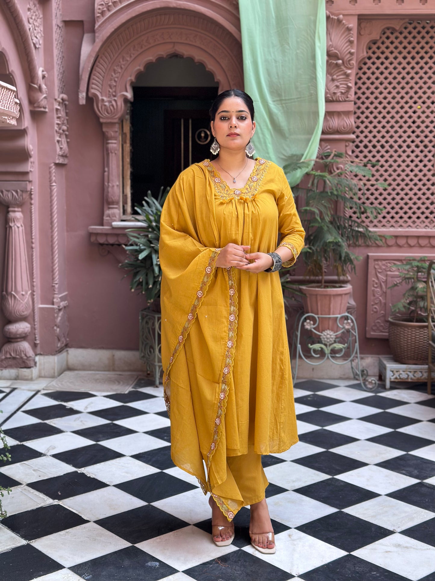 Women's Mustard Embroidered Cotton Anarkali Kurta Set – Festive Wear (RR1010-Mustard)