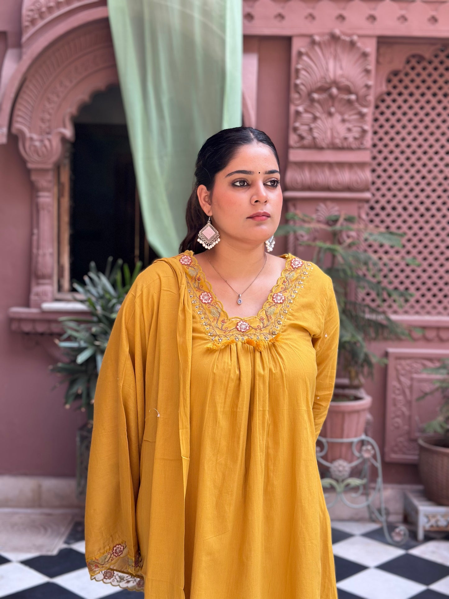Women's Mustard Embroidered Cotton Anarkali Kurta Set – Festive Wear (RR1010-Mustard)
