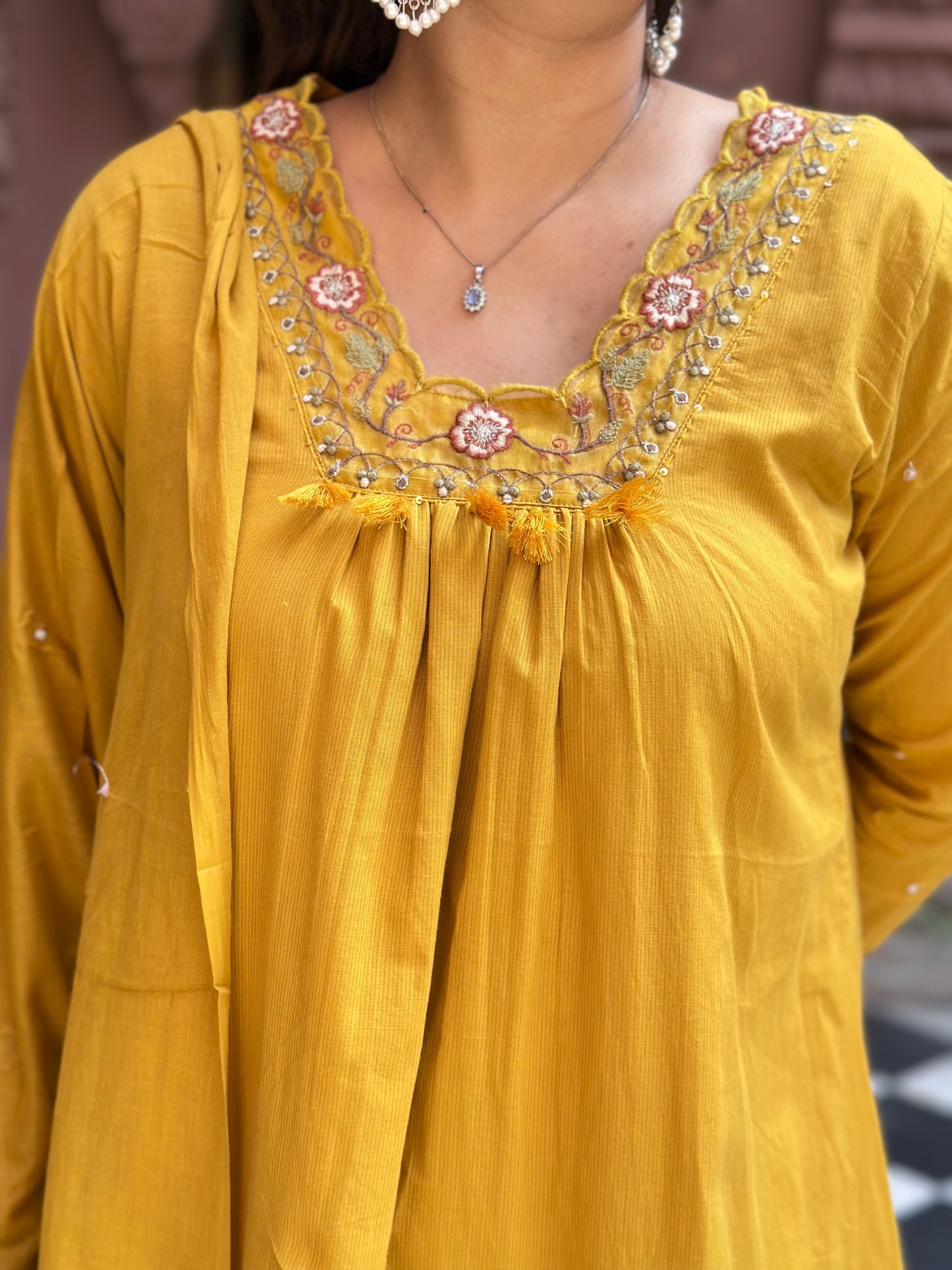 Women's Mustard Embroidered Cotton Anarkali Kurta Set – Festive Wear (RR1010-Mustard)