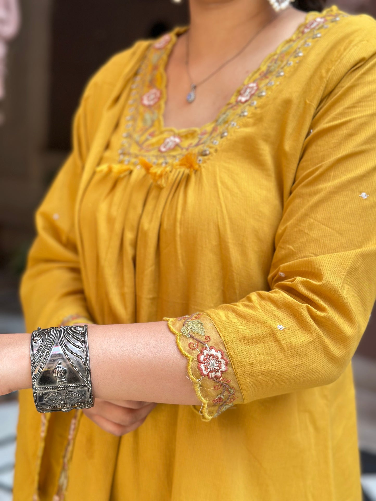 Women's Mustard Embroidered Cotton Anarkali Kurta Set – Festive Wear (RR1010-Mustard)