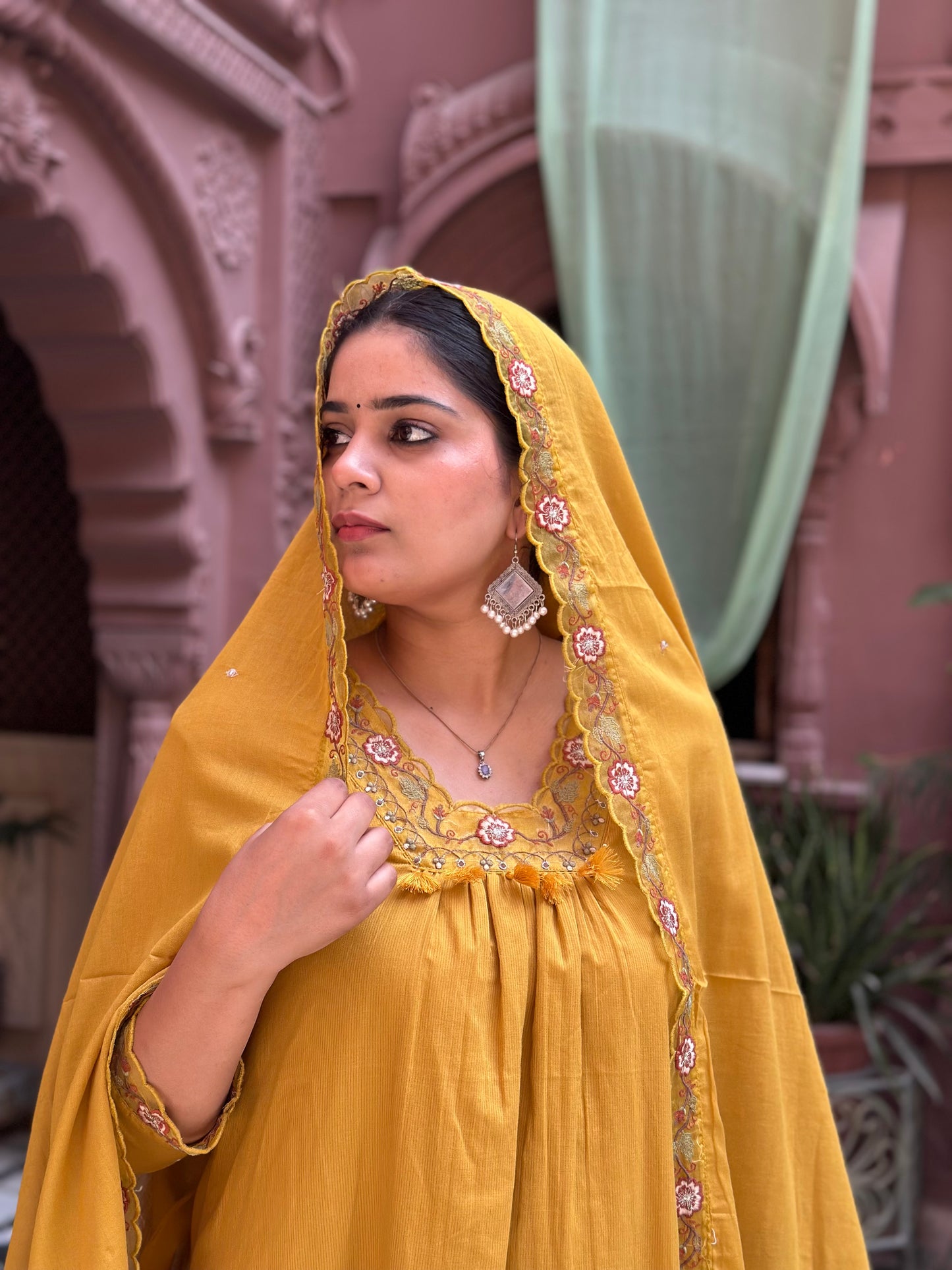 Women's Mustard Embroidered Cotton Anarkali Kurta Set – Festive Wear (RR1010-Mustard)