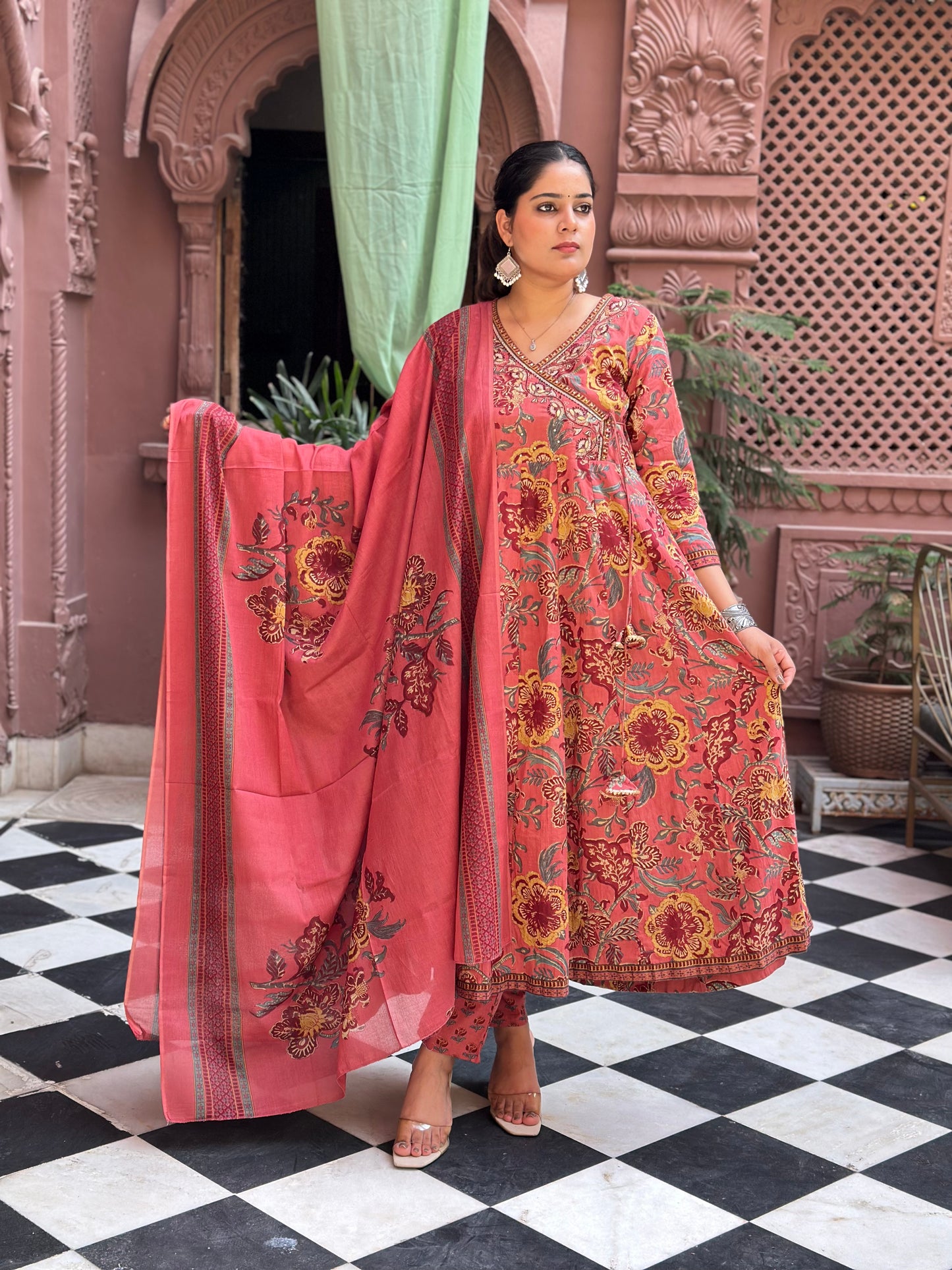 Women's Pink Embroidered Cotton Anarkali Kurta Set with Adda Work – Festive Wear (RR1011-Pink)
