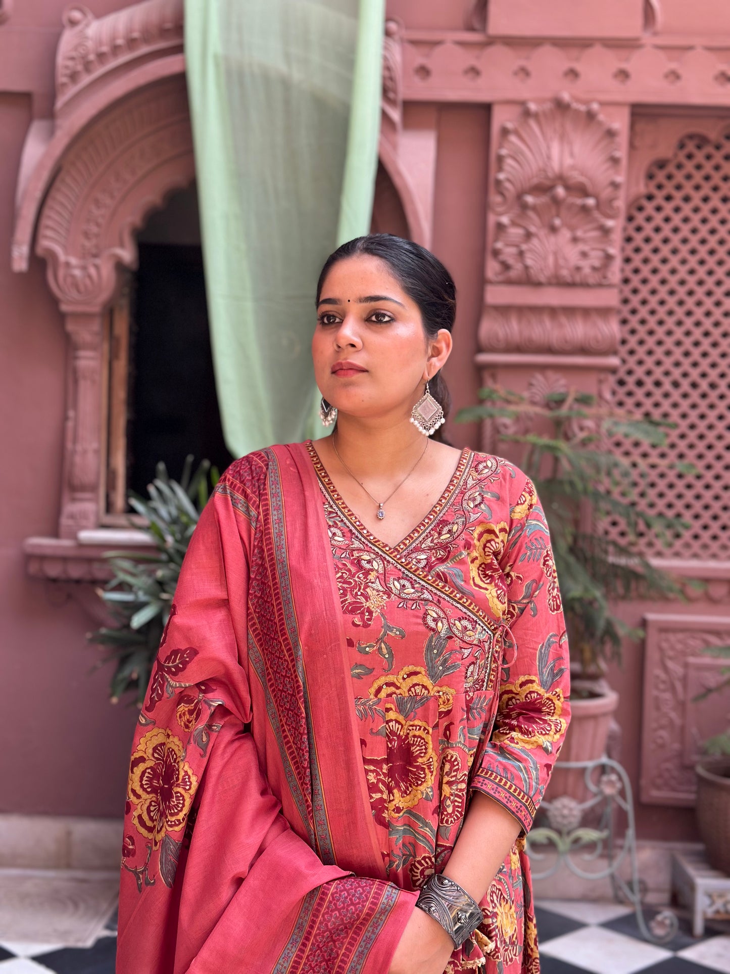 Women's Pink Embroidered Cotton Anarkali Kurta Set with Adda Work – Festive Wear (RR1011-Pink)