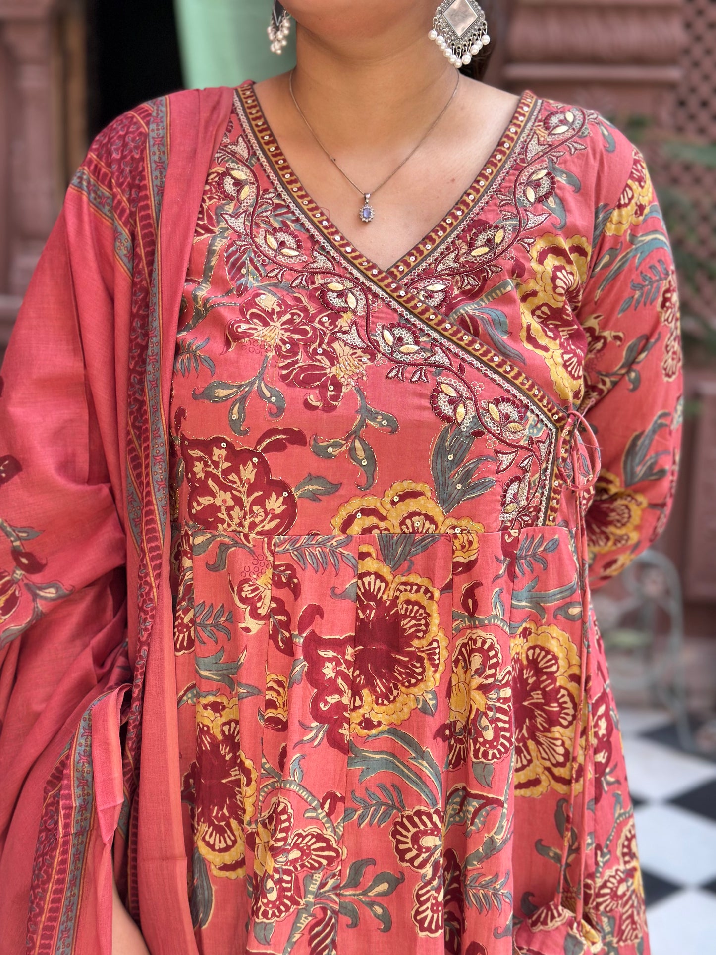 Women's Pink Embroidered Cotton Anarkali Kurta Set with Adda Work – Festive Wear (RR1011-Pink)