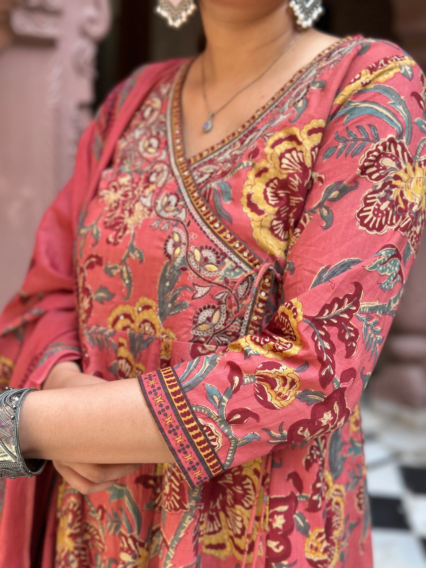 Women's Pink Embroidered Cotton Anarkali Kurta Set with Adda Work – Festive Wear (RR1011-Pink)