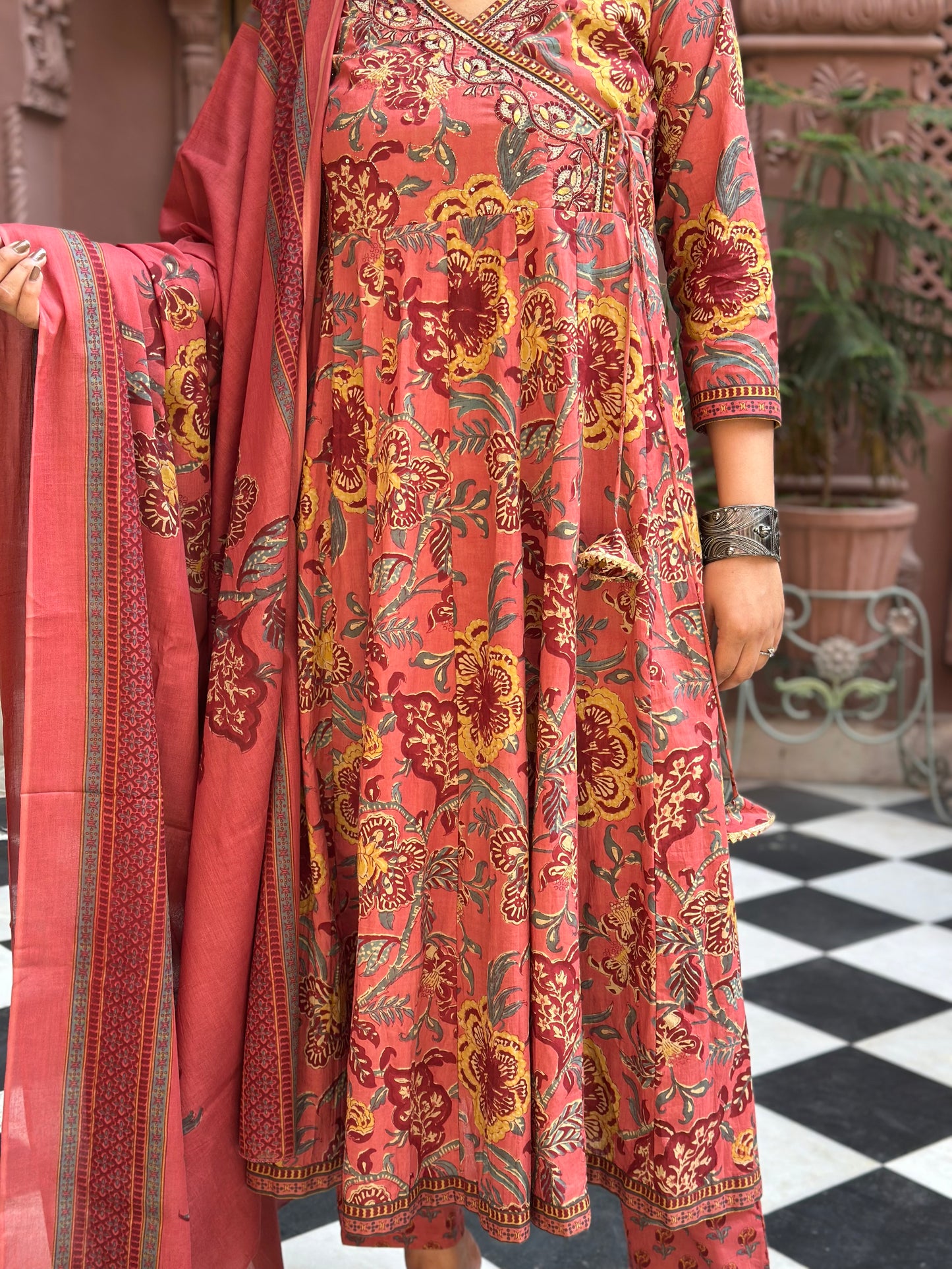 Women's Pink Embroidered Cotton Anarkali Kurta Set with Adda Work – Festive Wear (RR1011-Pink)