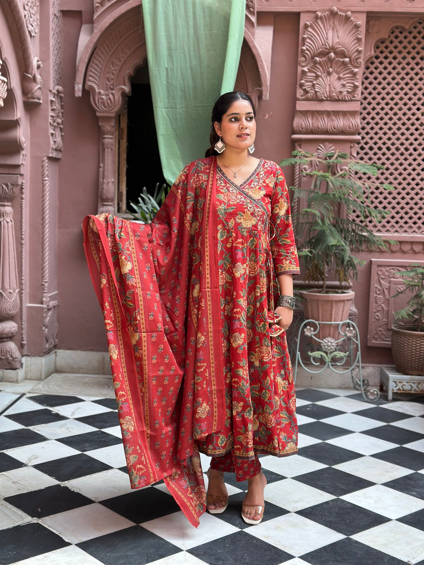 Women's Red Embroidered Cotton Anarkali Kurta Set with Adda Work – Festive Wear (RR1013-Red)