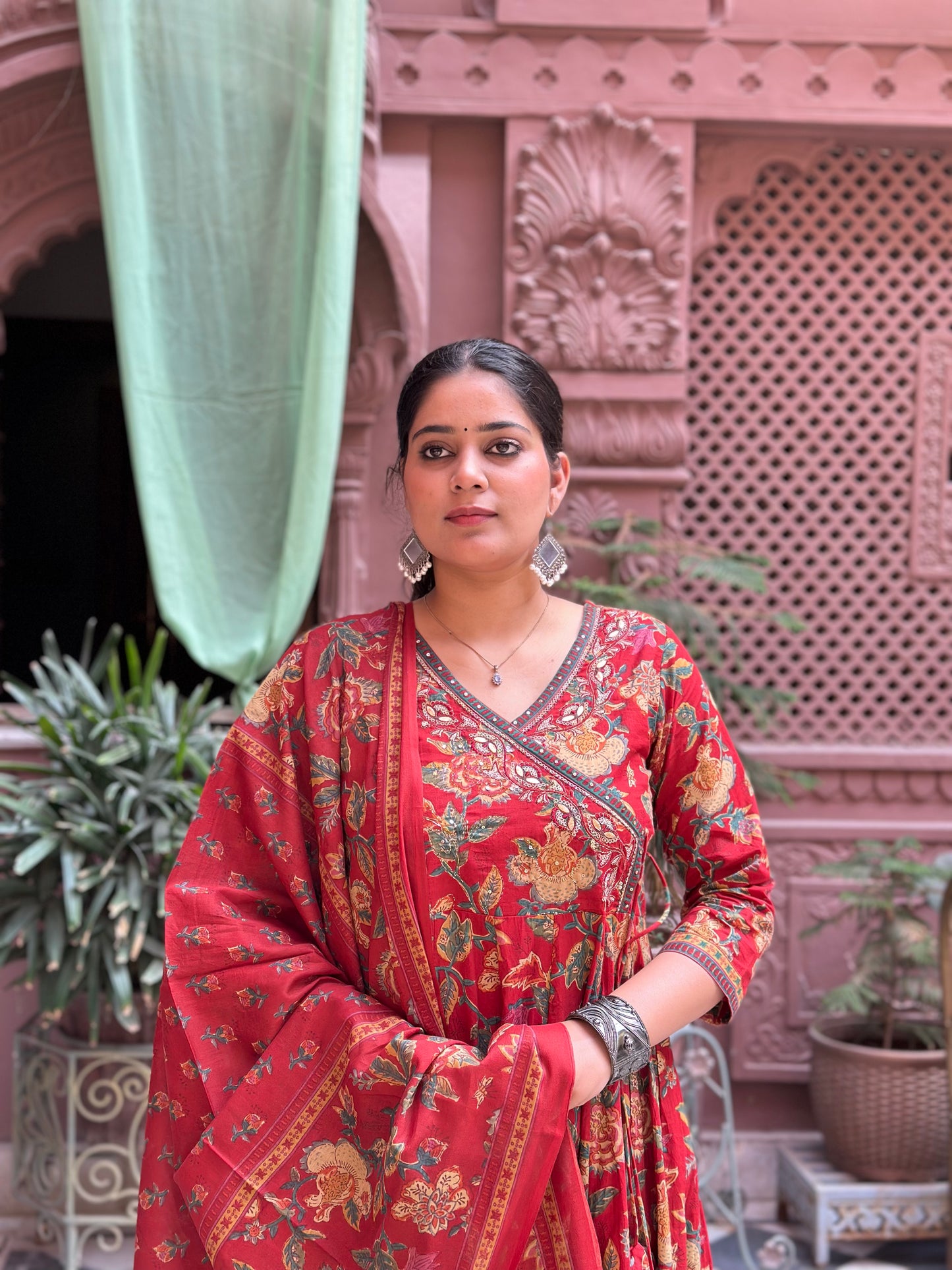 Women's Red Embroidered Cotton Anarkali Kurta Set with Adda Work – Festive Wear (RR1013-Red)
