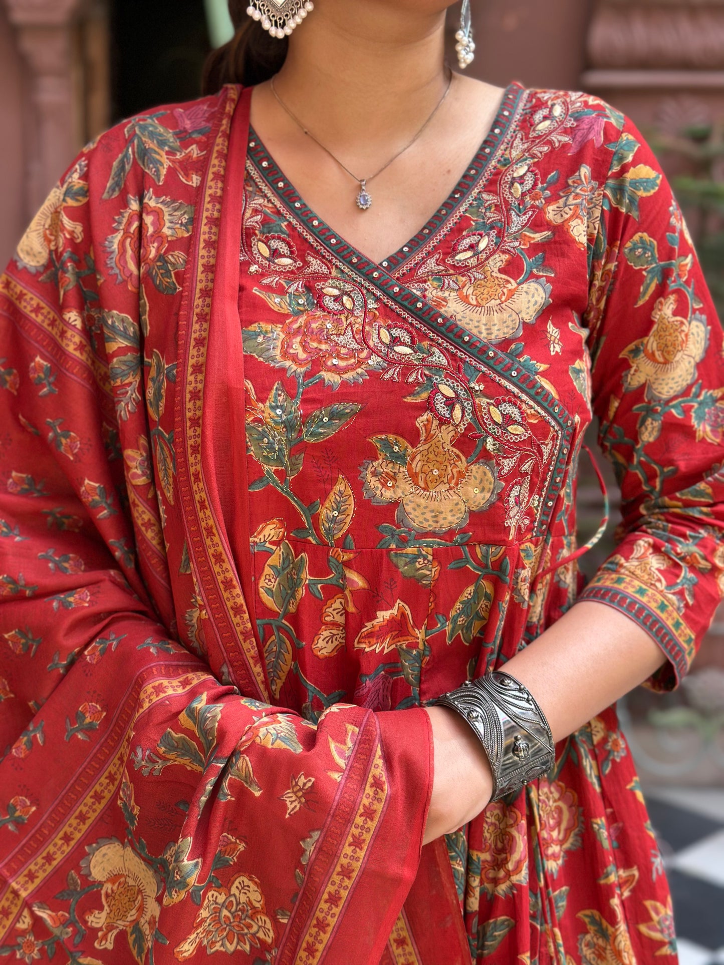 Women's Red Embroidered Cotton Anarkali Kurta Set with Adda Work – Festive Wear (RR1013-Red)