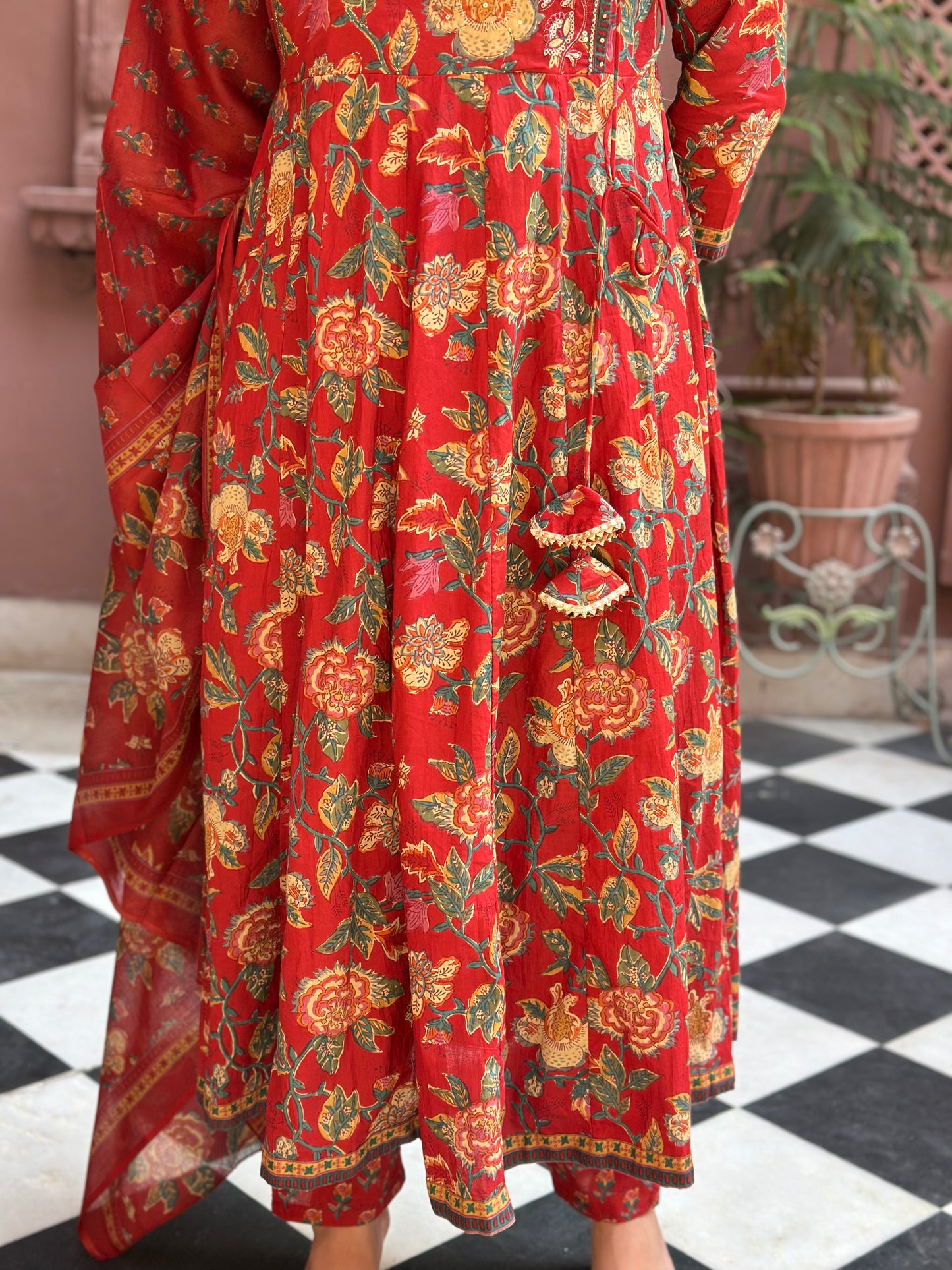 Women's Red Embroidered Cotton Anarkali Kurta Set with Adda Work – Festive Wear (RR1013-Red)