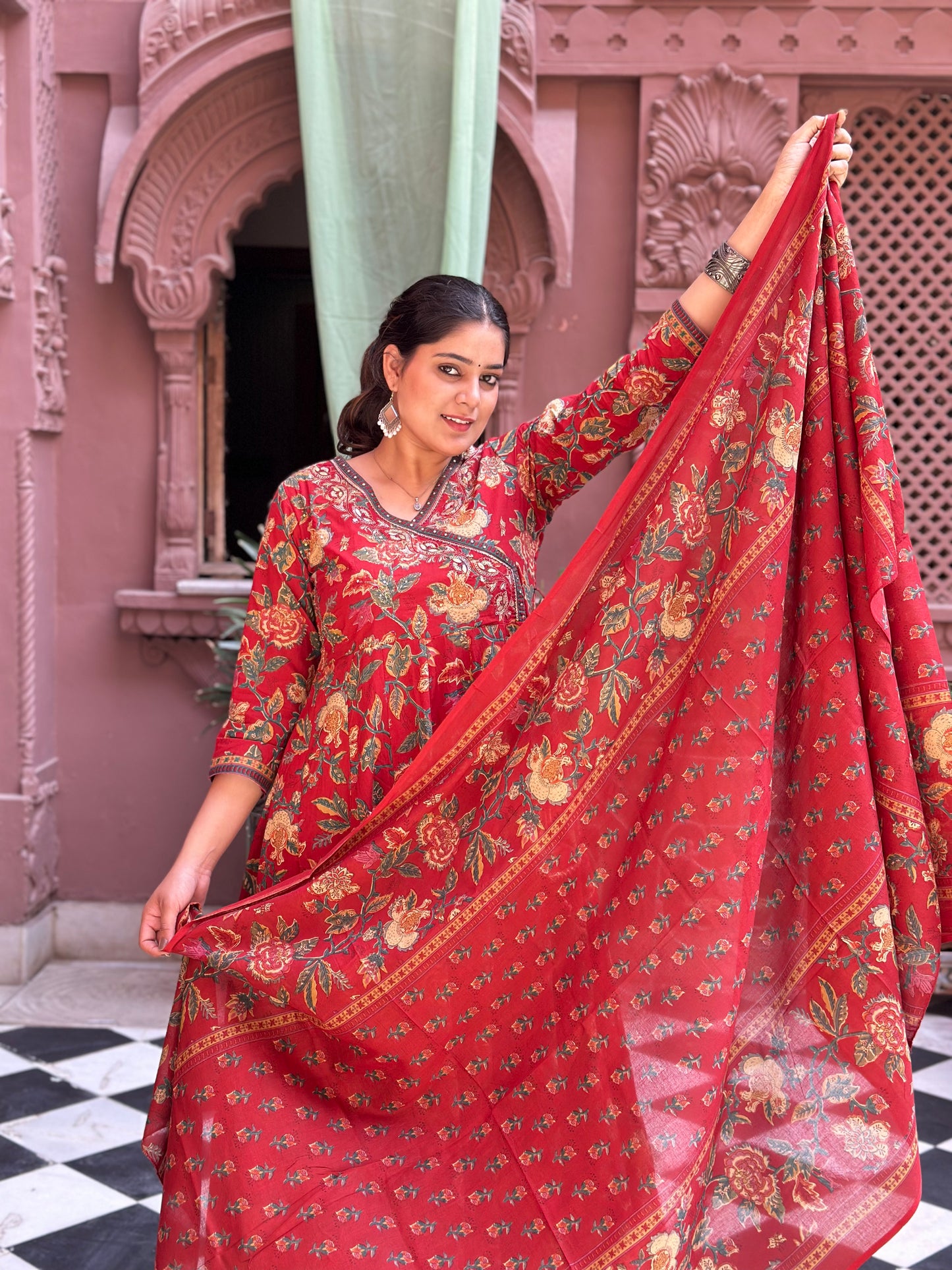 Women's Red Embroidered Cotton Anarkali Kurta Set with Adda Work – Festive Wear (RR1013-Red)