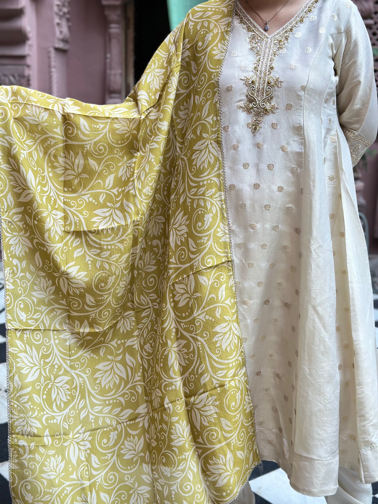 Women's White Anarkali Kurta Set with Adda Work & Organza Dupatta – Festive Wear (RR1014-White)