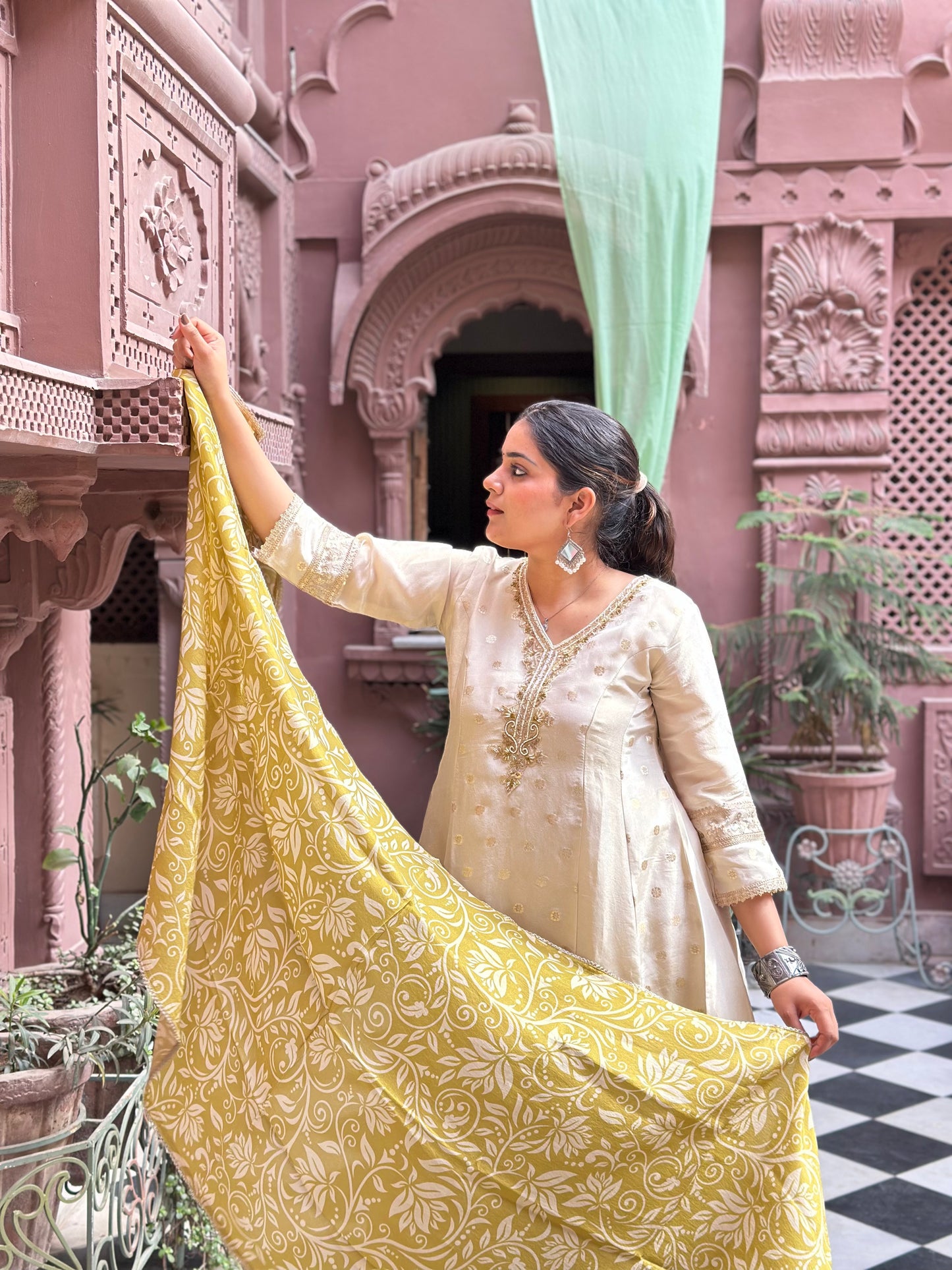 Women's White Anarkali Kurta Set with Adda Work & Organza Dupatta – Festive Wear (RR1014-White)