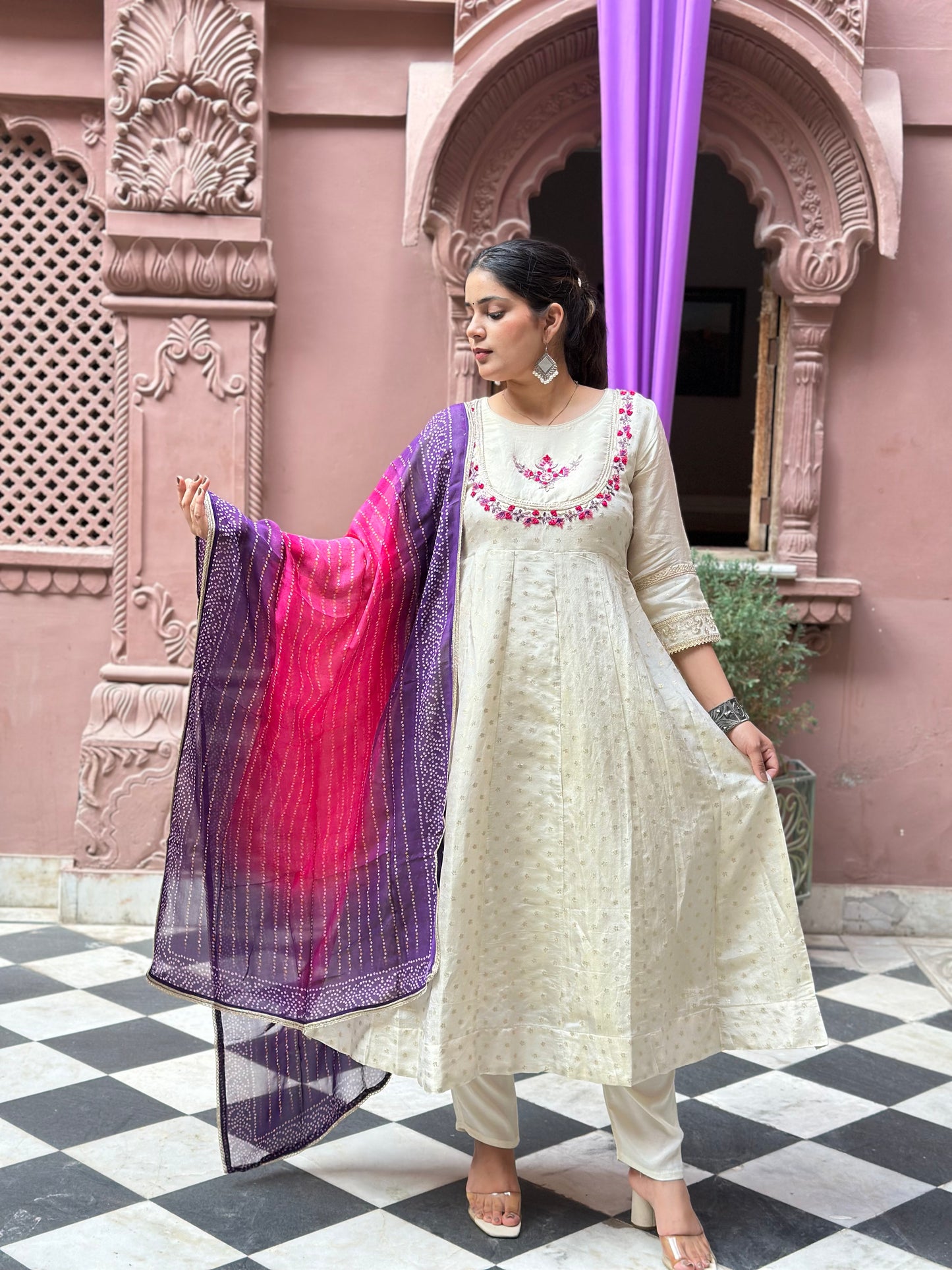 Women's White Anarkali Kurta Set with Adda Work & Organza Dupatta – Festive Wear (RR1017-White)