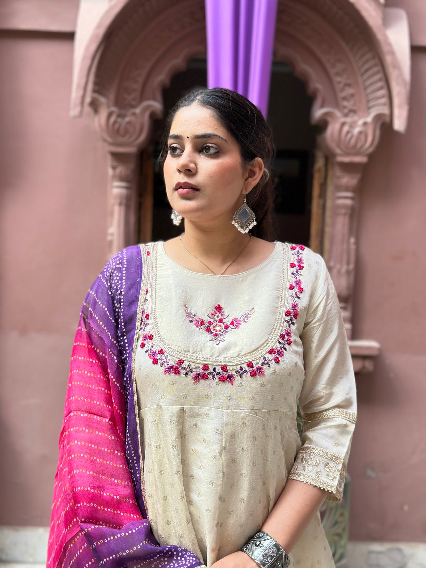 Women's White Anarkali Kurta Set with Adda Work & Organza Dupatta – Festive Wear (RR1017-White)